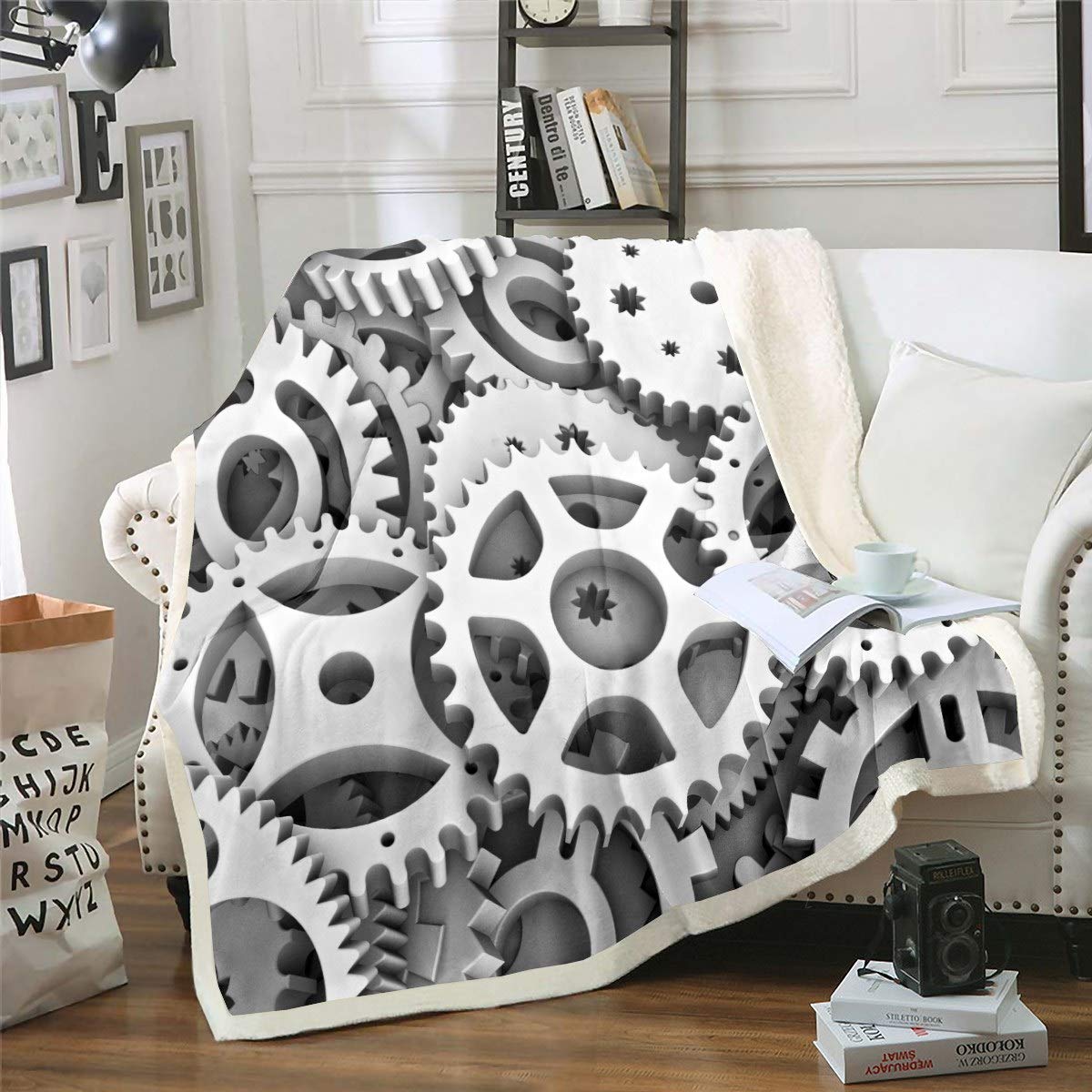 Loussiesd Gear Sherpa Blanket Gearwheel Pattern Blanket Geometric Circle Fleece Throw Blanket for Microfiber Simple Round Room Decor Warm King 87"*94"