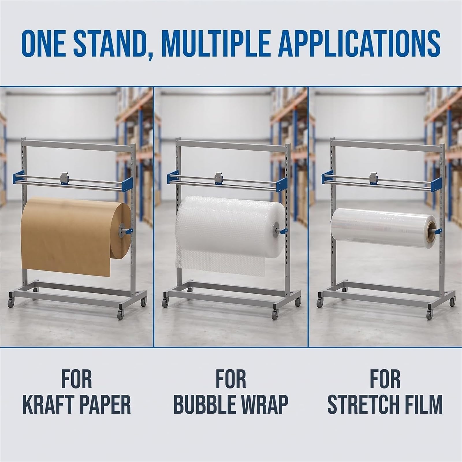 Dispensador Rollos Plástico Burbujas, Con Cortador | Portarrollos Embalaje Móvil For Película Burbujas, Papel Kraft, Película Estirable, For Embalaje(≤1600mm)