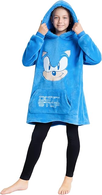 Sonic The Hedgehog Oversized Hoodie Blanket for Kids, Sonic Gifts for Boys (Blue)