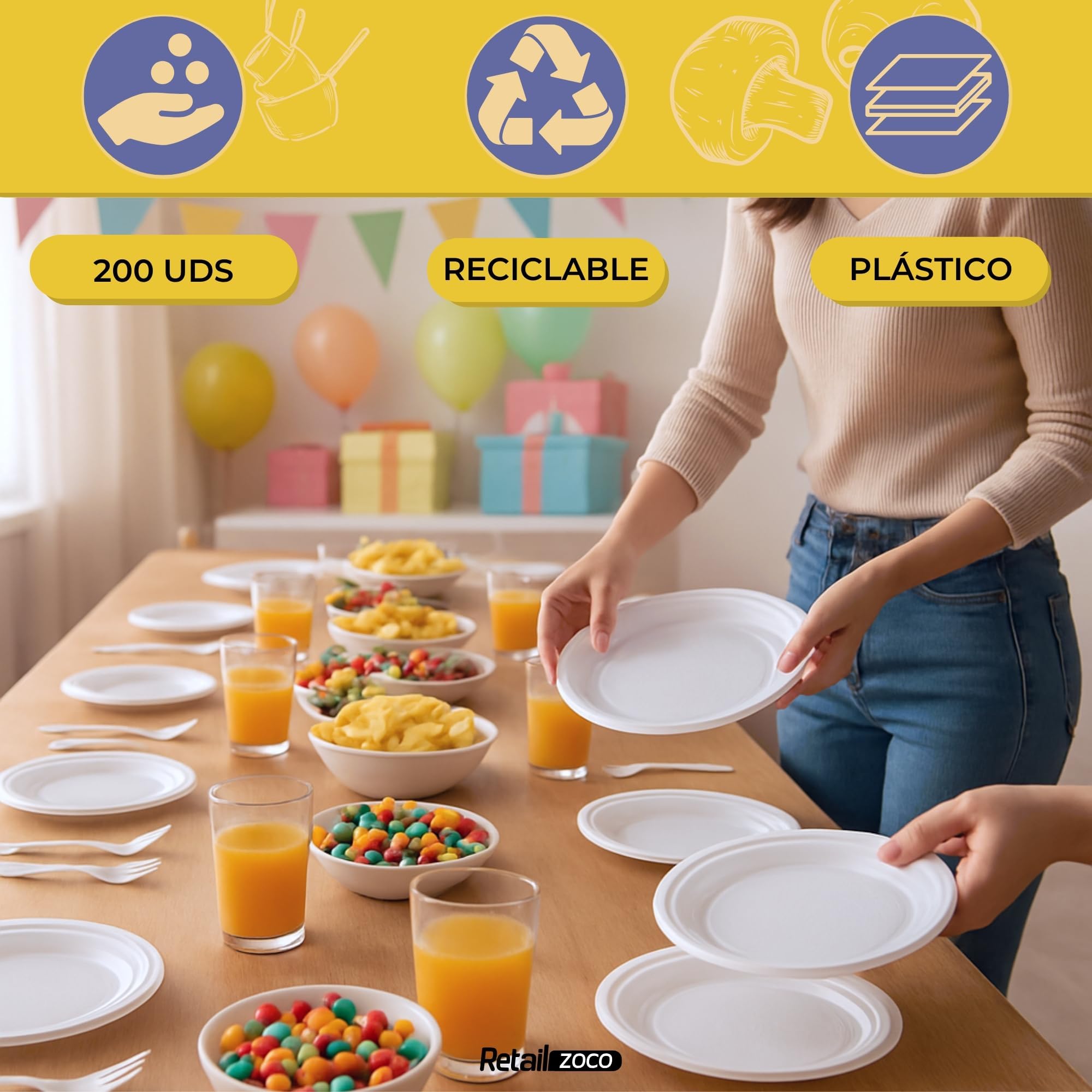 Platos de plástico blancos reutilizables, Plato de plástico hondo redondo, apto para alimentos calientes, Platos extra resistentes, Norma UNE-EN-12875-1, Diseño hondo diámetro 20.5 cm, 200 unidades