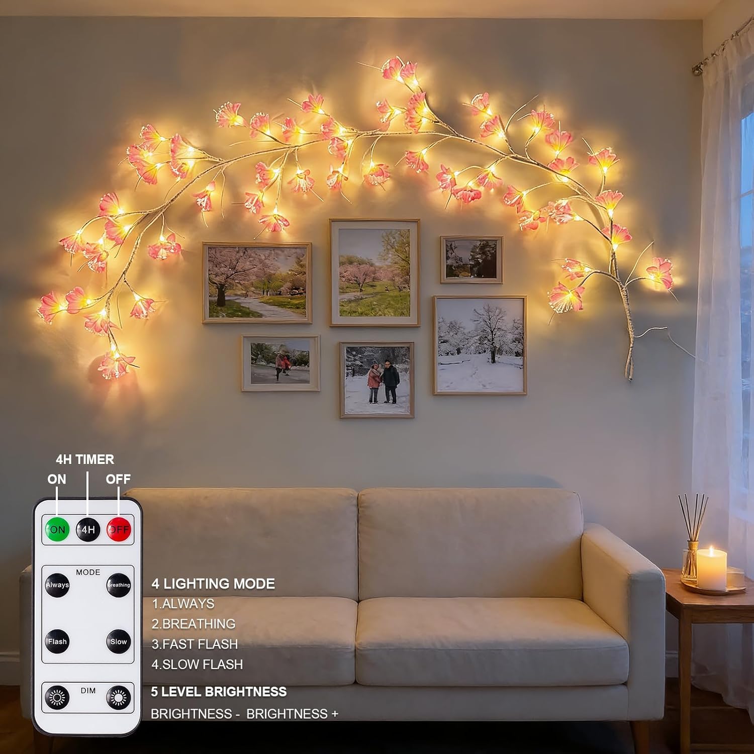 Cherry Blossom Tree Branch Lights: Cherry Blossom Willow Vine Garland with 54 LED Light and Remote for Wall Decor - 4 Lighting Modes Christmas Indoor Decorations for Home Bedroom Window (Pink)