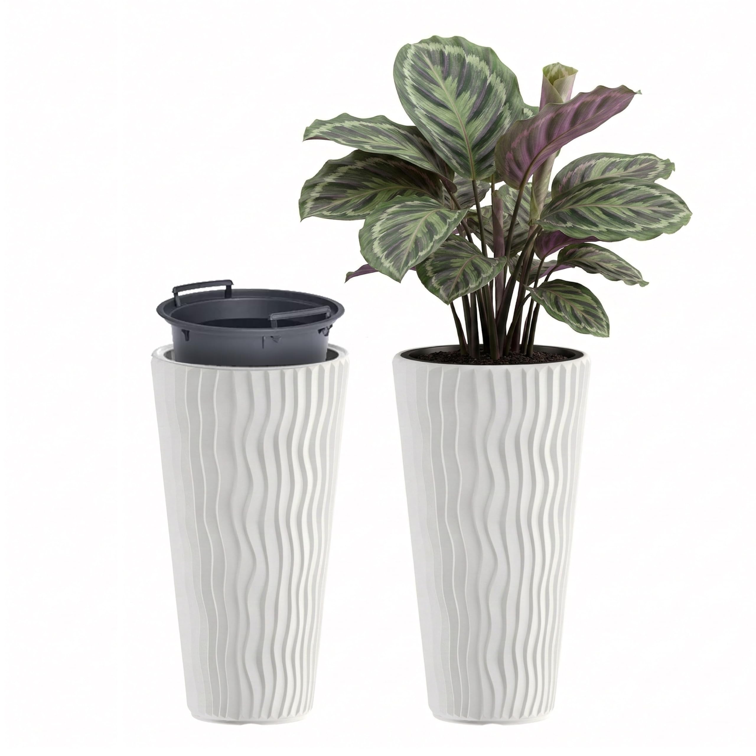 GEEZY Tall Slim Wavy Plant Pot with Insert, 53.1 x 29.7 cm - Weather Resistant White Indoor & Outdoor Planter - Modern Flower Pots for Home, Garden & Patio