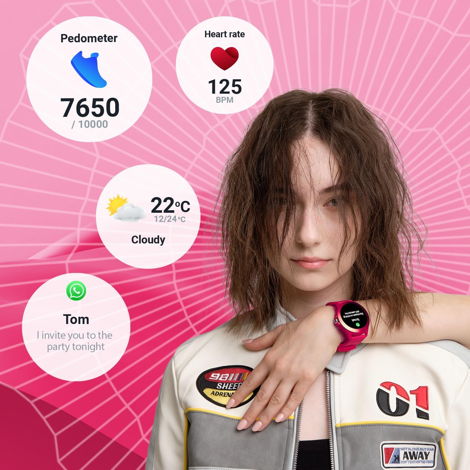 FOREVER Colorum CW-300 Smartwatch display showing pedometer, heart rate, weather, and message notification.