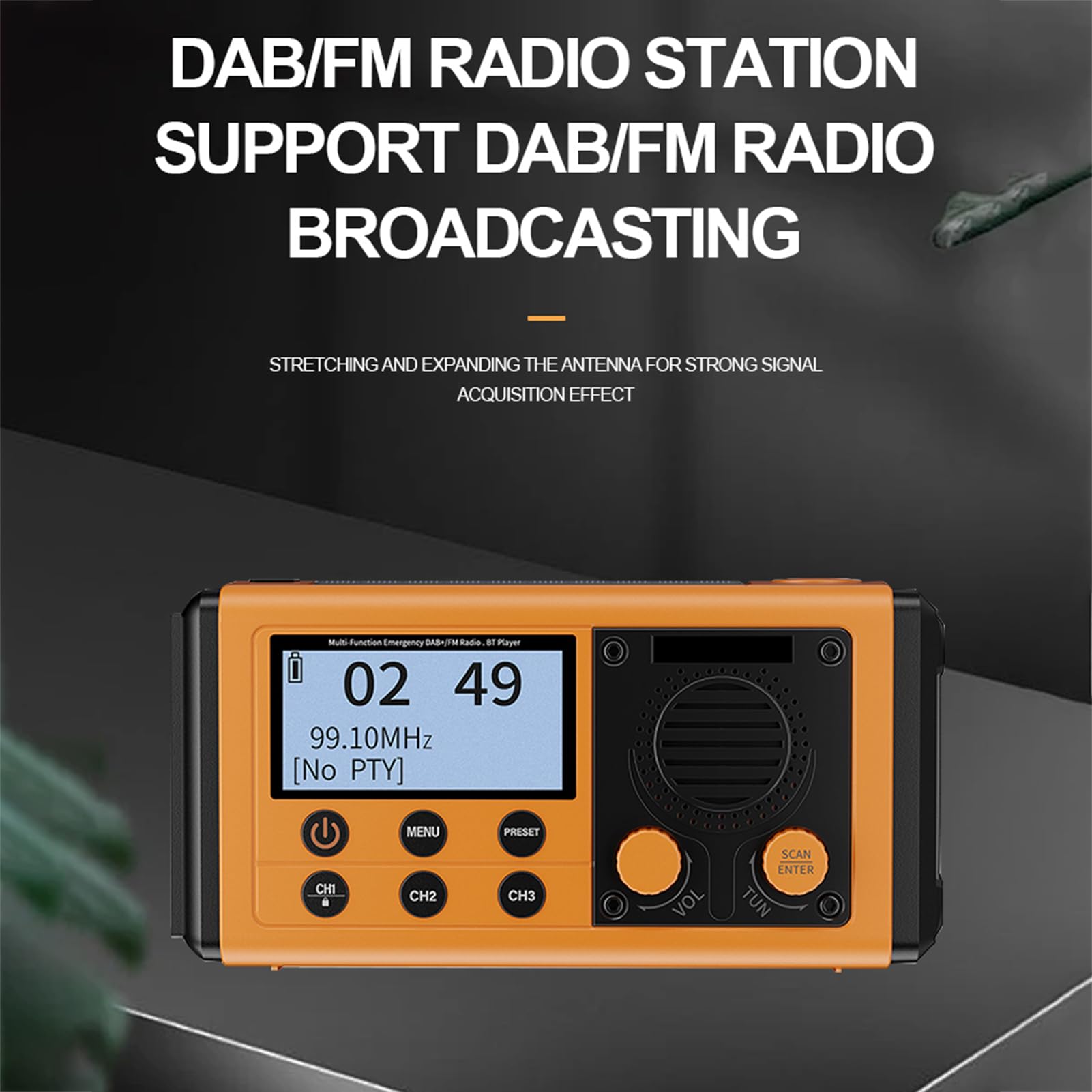 Domary Radio d'urgence de Manivelle à Main Solaire Portable Dab + / FM BT 5.0 Haut-Parleur 10000mAh Banque d'alimentation LED Lampe de Poche SOS Alarme IPX6 Imperméable avec Charge (Jaune)