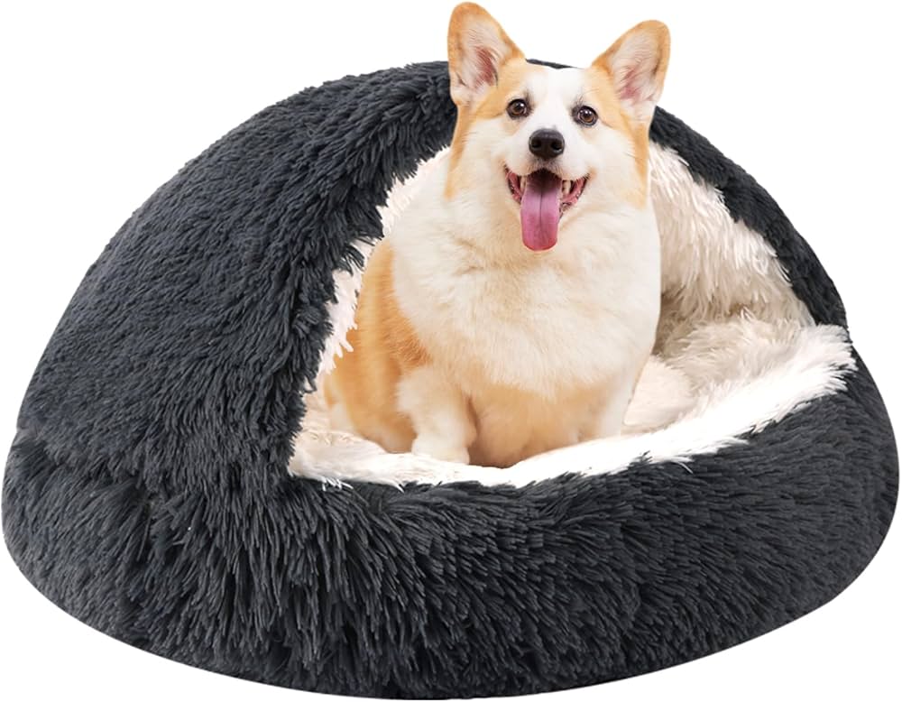 Round Hooded Cat Bed & Dog Bed with Cover Cave, Dog Bed for Small Dogs, Faux Fur Cuddler Round Coved Cat Bed Self Warming Donut Dog Bed Fits up to 12 lbs Pets(Dark Grey, 20inch x 20inch)