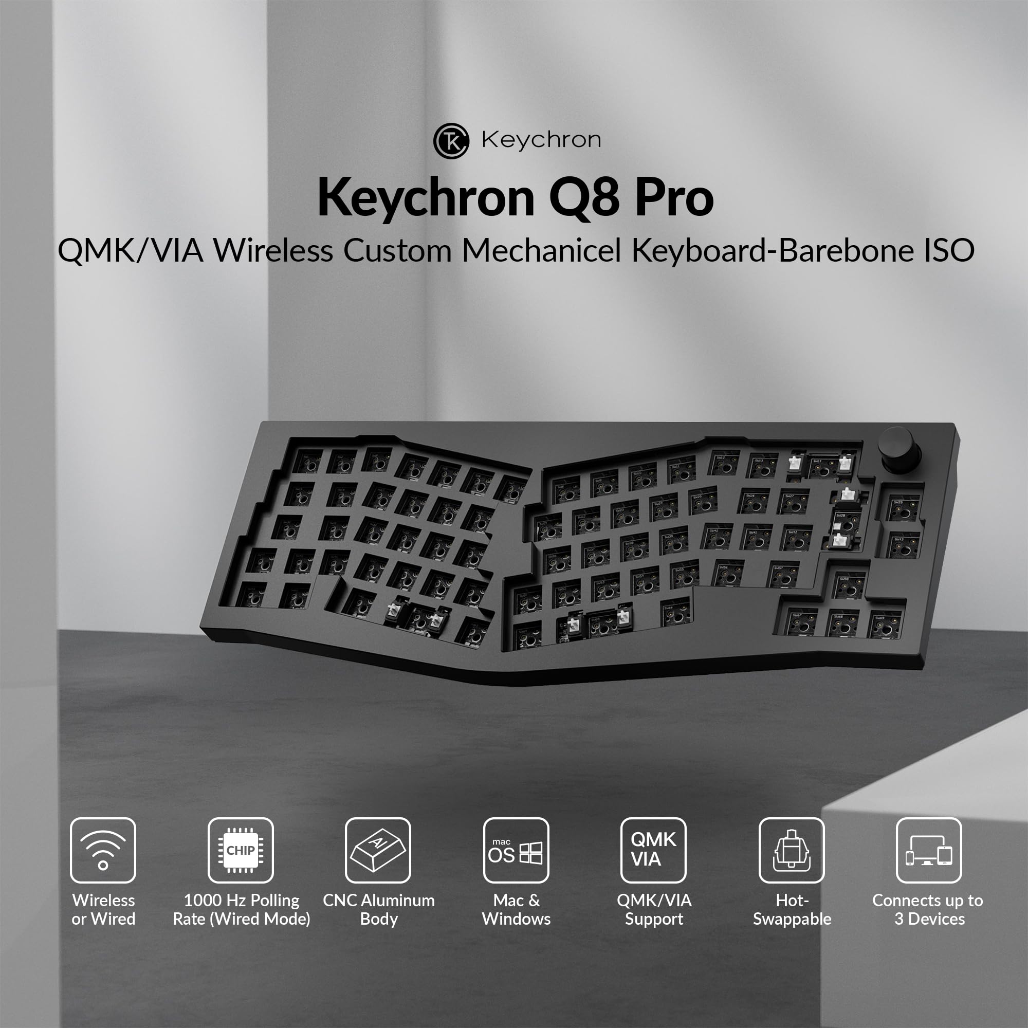 Keychron Q8 Pro Kit Clavier Mécanique Alice 65% en ISO, Corps en Aluminium CNC, Kit Barebone Gaming à Monter Soi-même, Programmable QMK/Via, RGB, Bluetooth 5.1/Filaire, pour Mac, Windows - Noir