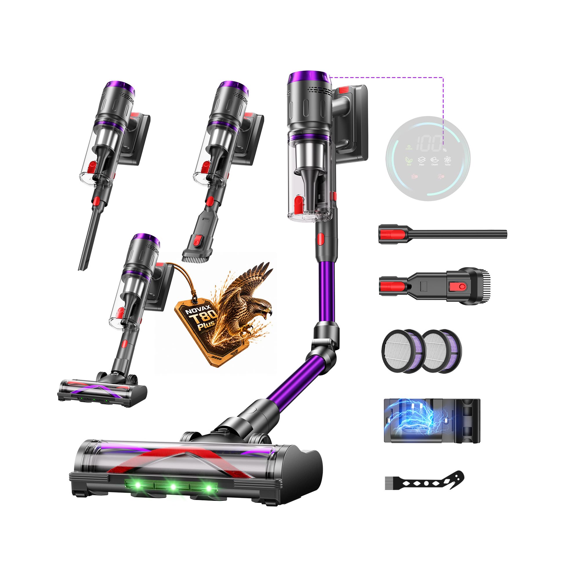 Aspirateur Balai sans Fil 600W/58000Pa/75min, Aspirateur sans Fil Puissant avec Écran LED Intelligent, Brosse Anti-emmêlement, Station de Charge, pour Tapis, Sols Durs, Poils d'animaux