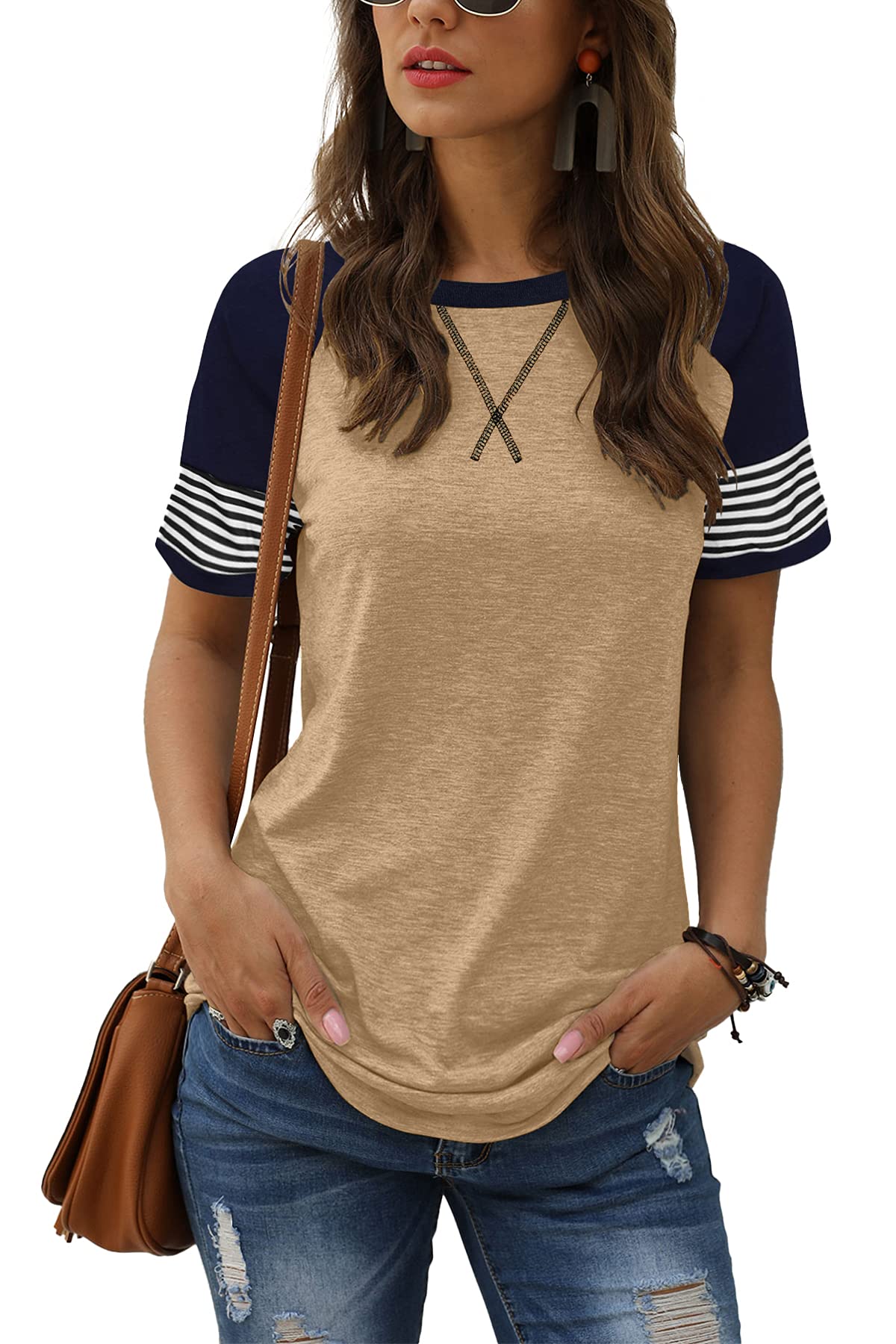 Women Summer Casual Shirts: Short Sleeve Striped Tunic Tops - Womens Crew Neck Tee Tshirt Blouses, 48 Khaki, M