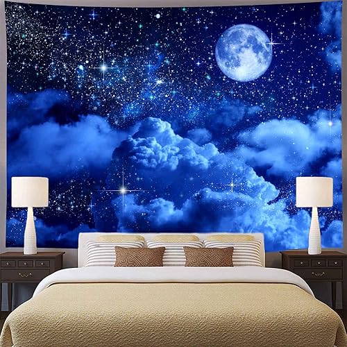 Miniatura 2 de Aidatain Tapiz de luna azul cielo nocturno nube creciente tapiz grande de 108 pulgadas 90 pulgadas, tela de franela temática de luz de luna, arte de