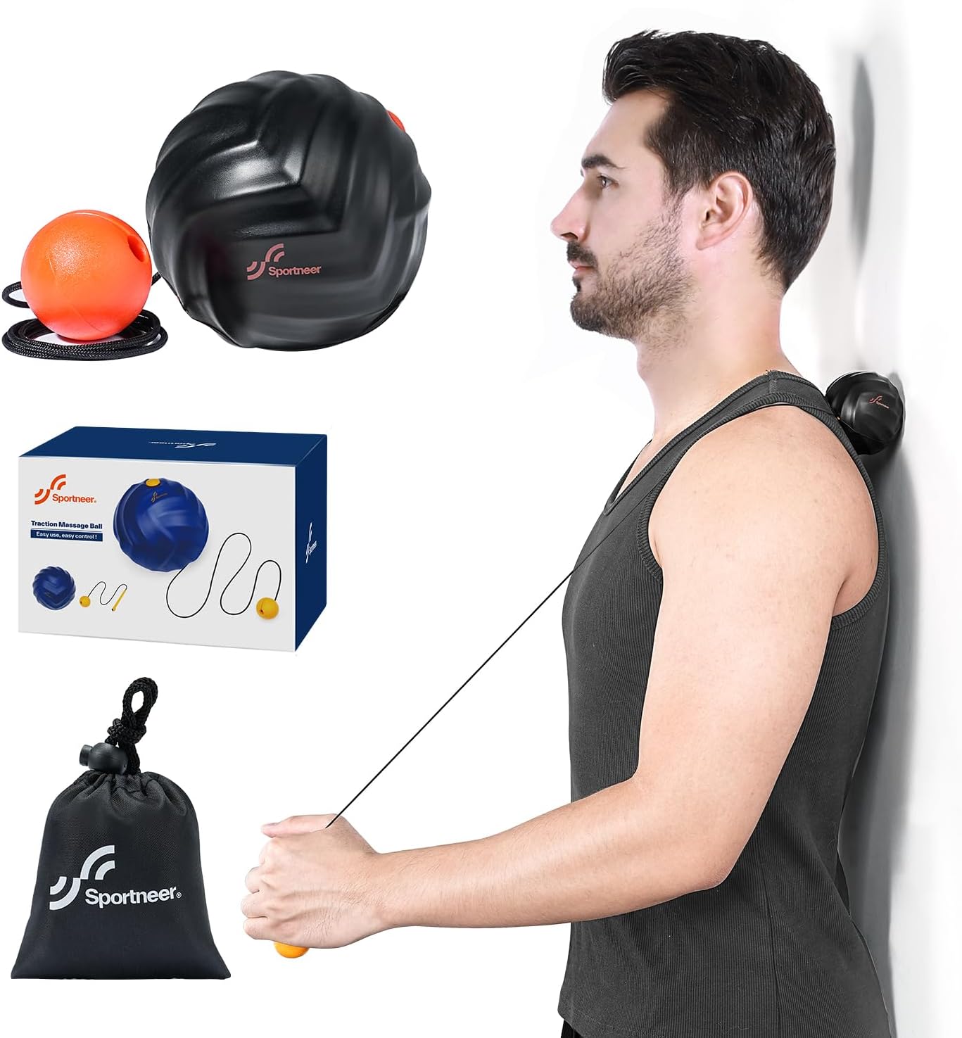 Sportneer Massage Lacrosse Ball with String, Deep Tissue Massager for Back Myofascial Release, Shoulder Trigger Point Therapy & Foot Plantar Fasciitis, Free Relax for Whole Body (Black)