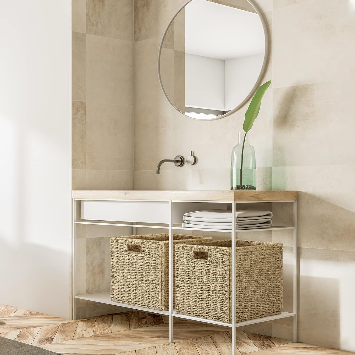 2 Cestas de Almacenaje, Cesta Mimbre Tejidas a Mano Cubo 28CM, Cesta Grande Plegable de Papel de Jacinto de Agua con Asas, Cesto Decorativo para Baño Estanterías Kallax Cocina