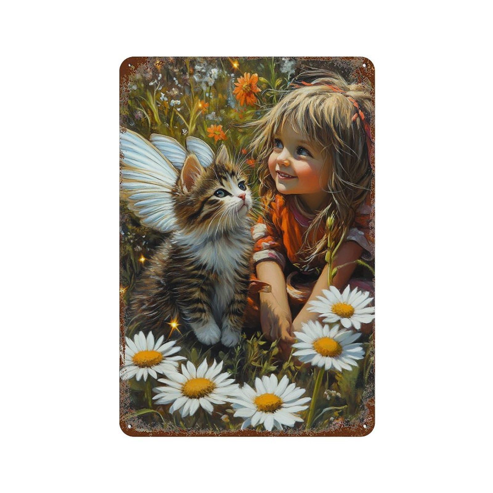 Enchanted Garden with Fairy Kitten Rust Effect Tin Sign 11.8"x7.9", Vintage Wall Decor for Garage, Pub Or Kitchen