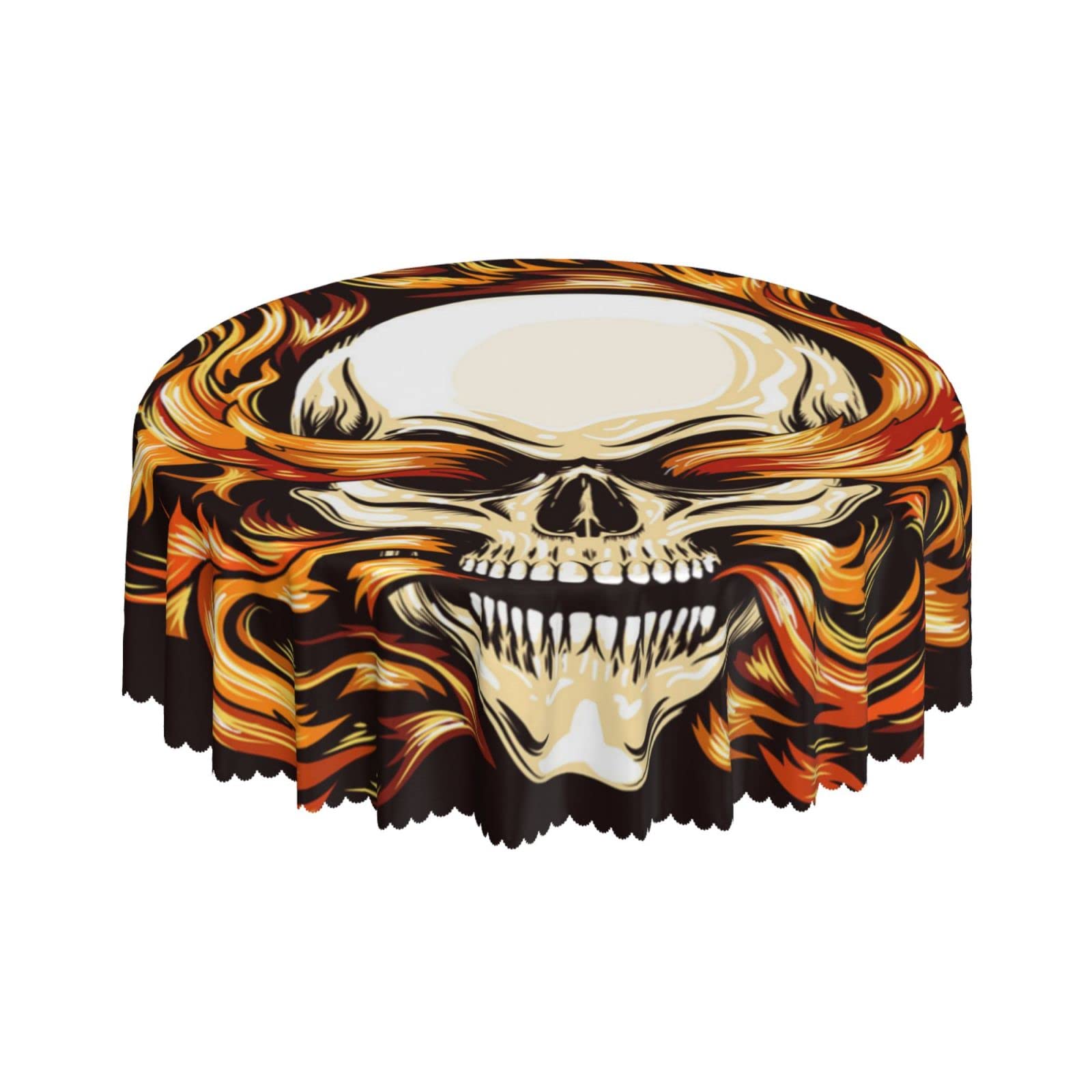 Lsjuee Skulls Death Fire Burning Black Round Tablecloth 60 Inch Printed Washable Tablecloth for Dining Party Holiday Fall Home Decorative