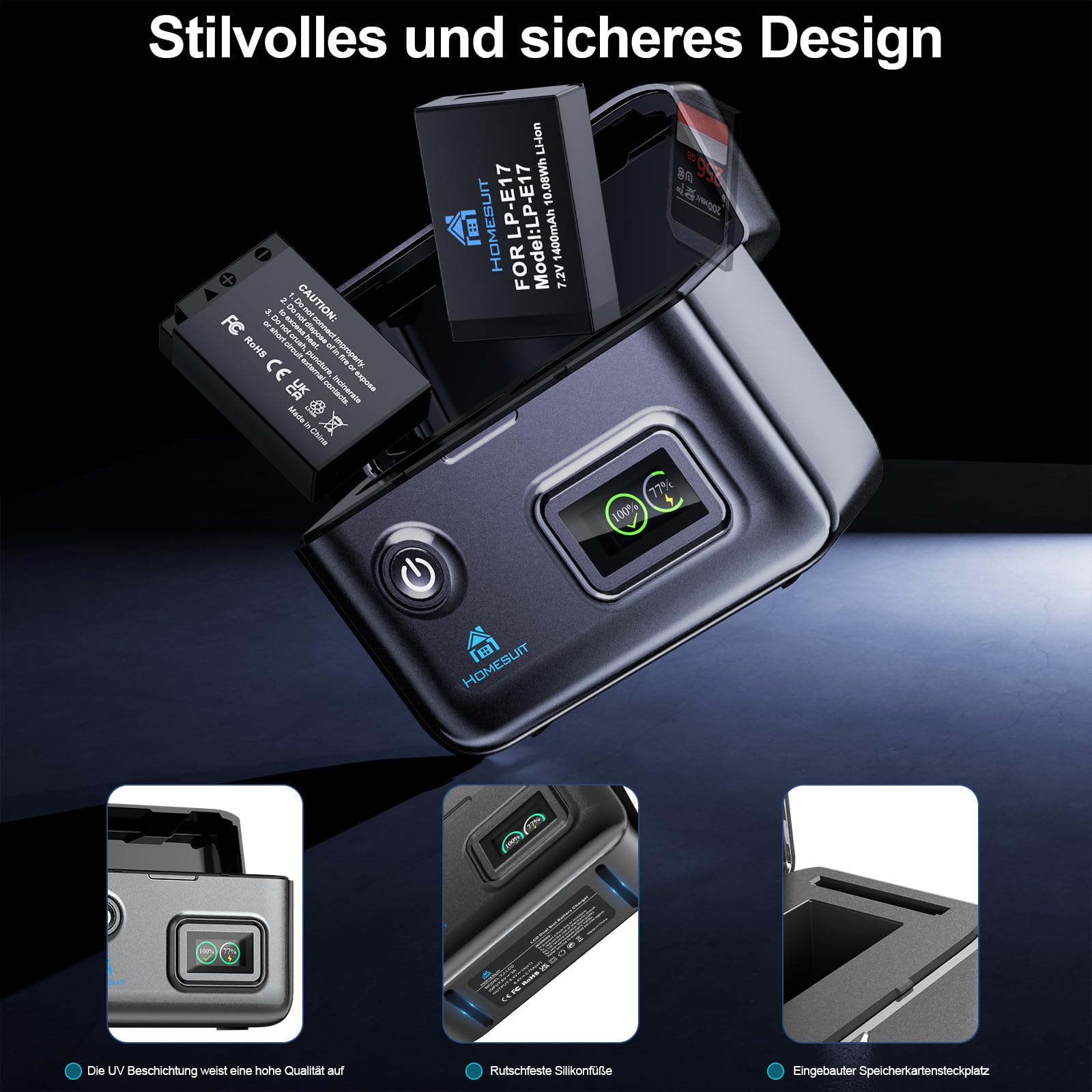 Homesuit LP-E17 Akku 1400mAh & Dual USB LCD Ladegerät Kit für Canon EOS R10, RP, Rebel SL3, SL2, T8i, T7i, T6i, T6s, EOS M3, M5, M6, EOS 200D, 77D, 750D, 760D, 800D, 8000D Kamera (2er-Pack)