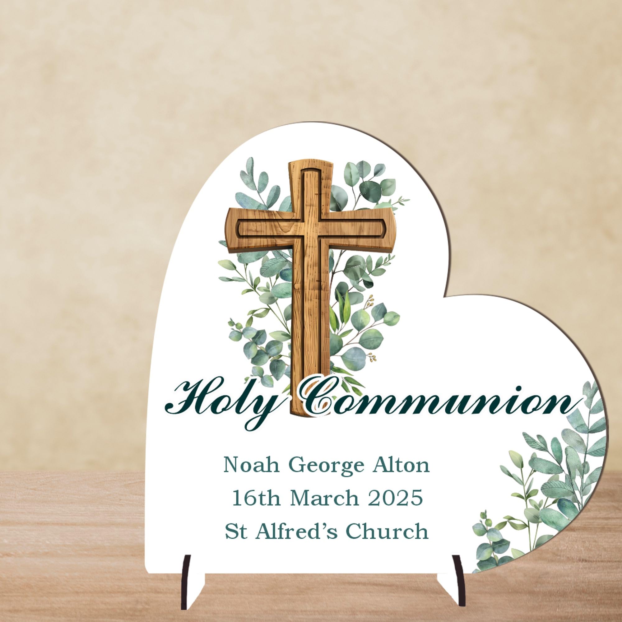 Personalised Christening, Communion or Confirmation Plaque – Custom Religious Gift with Child’s Name, Date & Church – Wooden Cross & Greenery Keepsake (Communion, MDF Wood - Large - 19cm x 18.5cm)