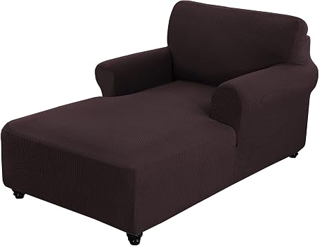 Fitted Chaise Lounge Couch Cover - Double Arm, Stretch Slip Cover - Washable Furniture Protector Brown, Small Checks