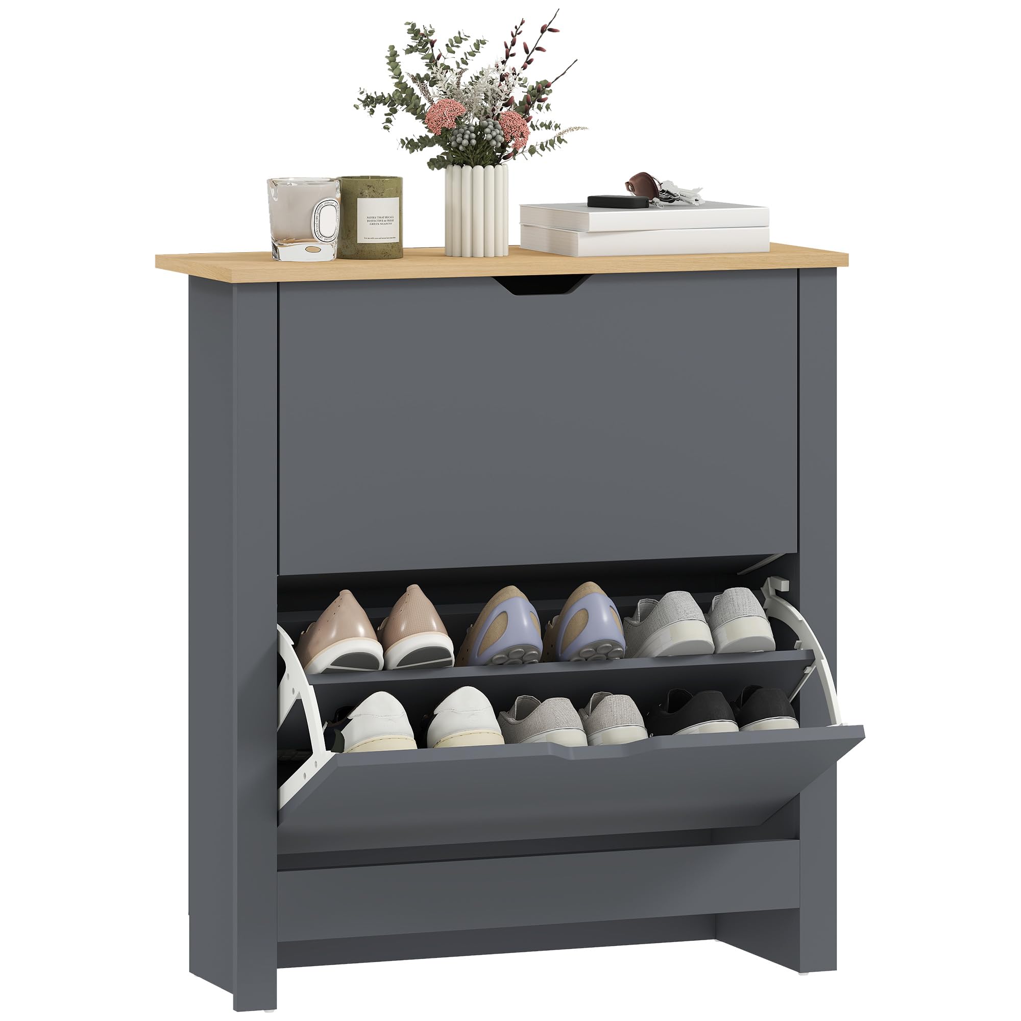 Homcom (Grey) 12-Shoe Storage Cabinet 4 Shelves 2 Drawers Tabletop Grey