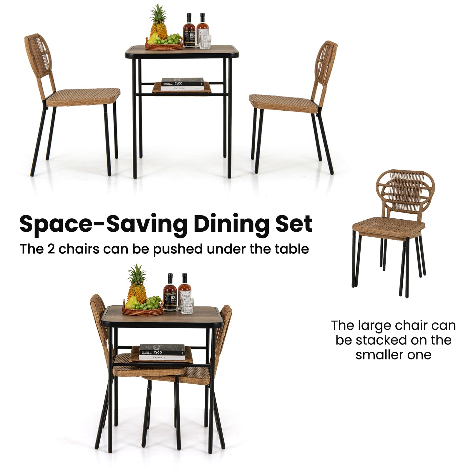 LIFEZEAL Comedor de jardín con 2 sillas y Mesa de Madera | Conjunto de terraza con sillas de mimbre PE, estante y estructura metálica para patio y piscina