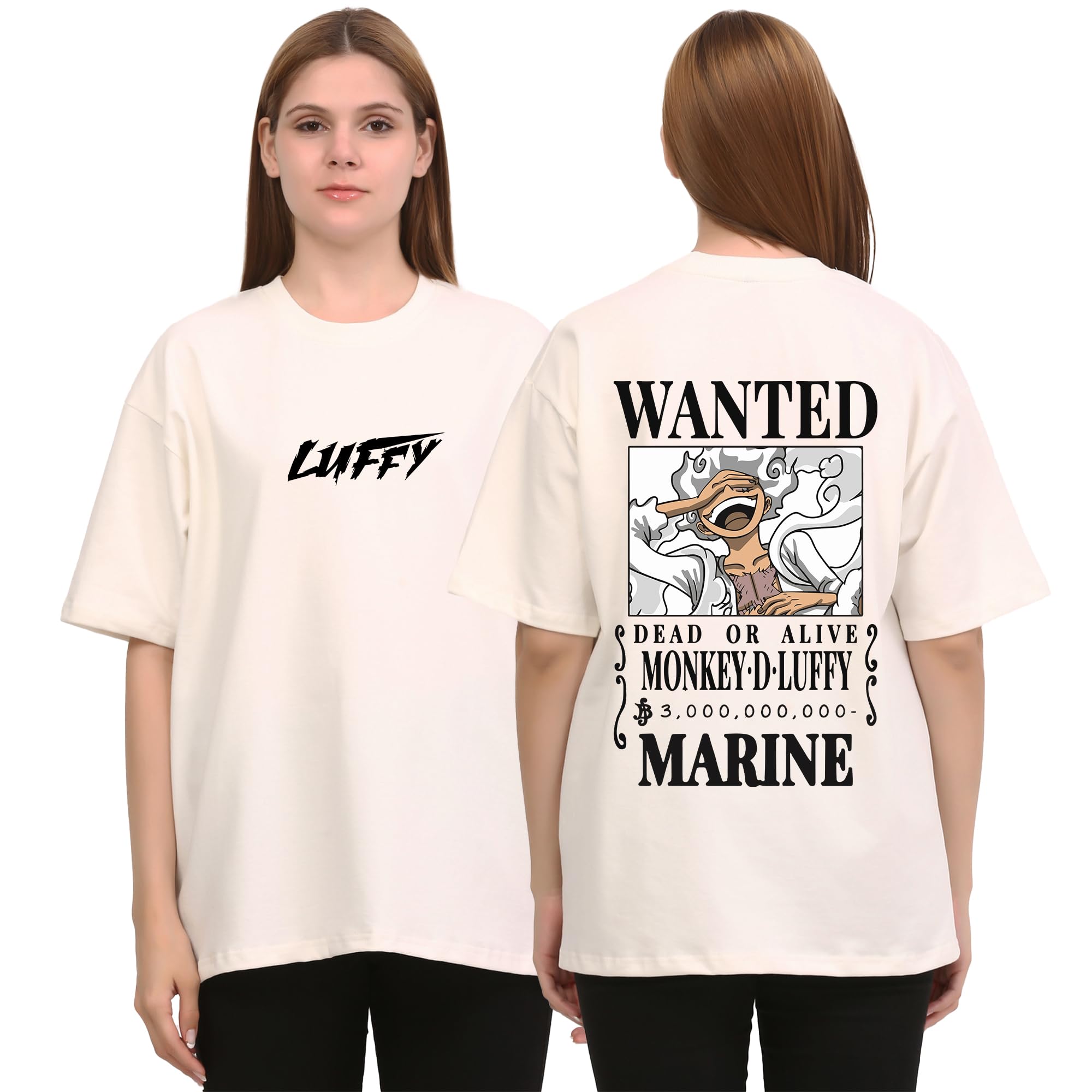 One Piece Luffy Oversized OffWhiteTshirt for Women and Men Monkey D. Luffy Wanted Poster Drop Shoulder Unisex Baggy Loose Fit Cotton T-Shirts-image-42