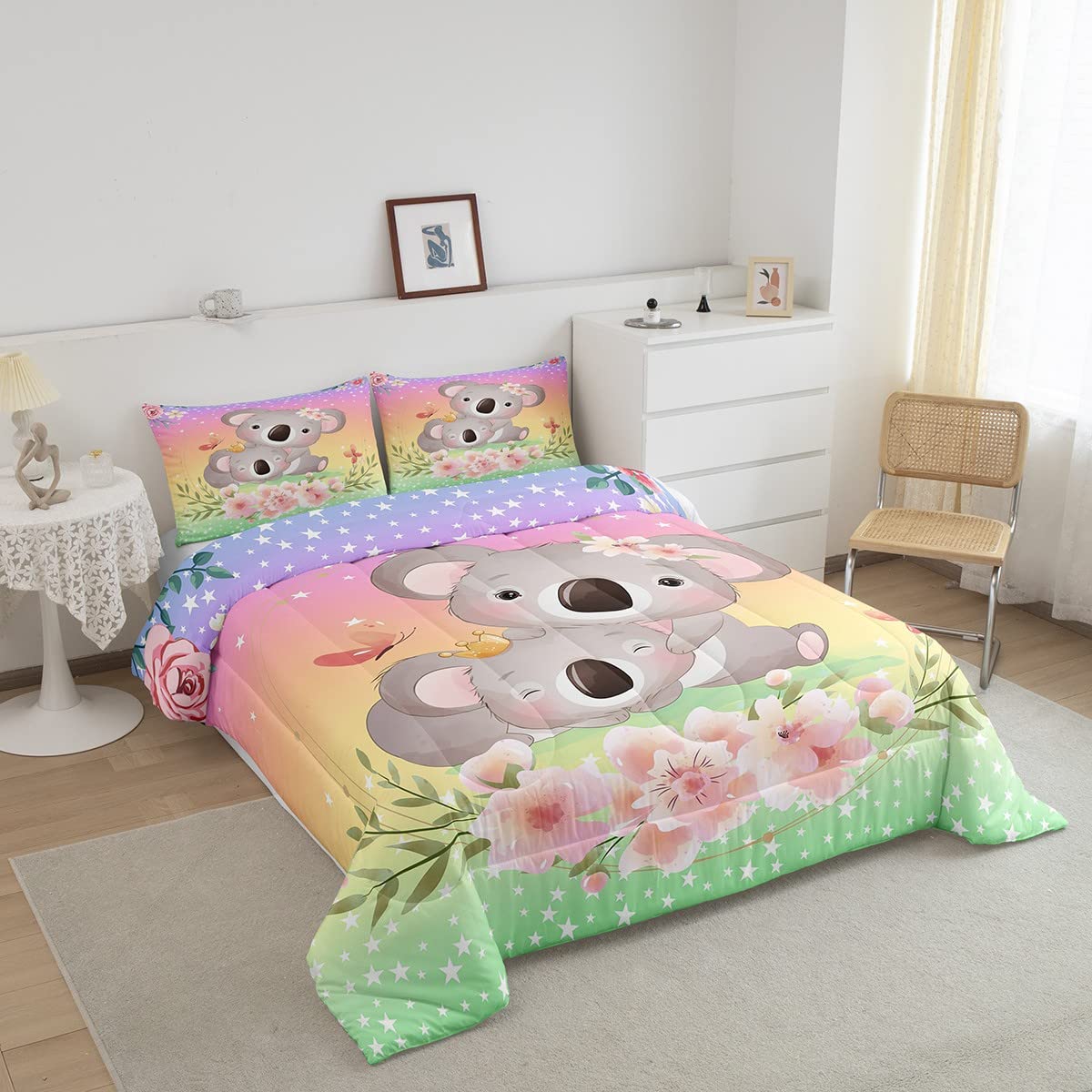 Feelyou Cute Koala Comforter Set Cartoon Koala Bedding Set for Kids Boys Girls Blossom Floral Comforter Kawaii Animal Decor Inner Fill Duvet Set 1 Comforter Set with 2 Pillowcases Full Size