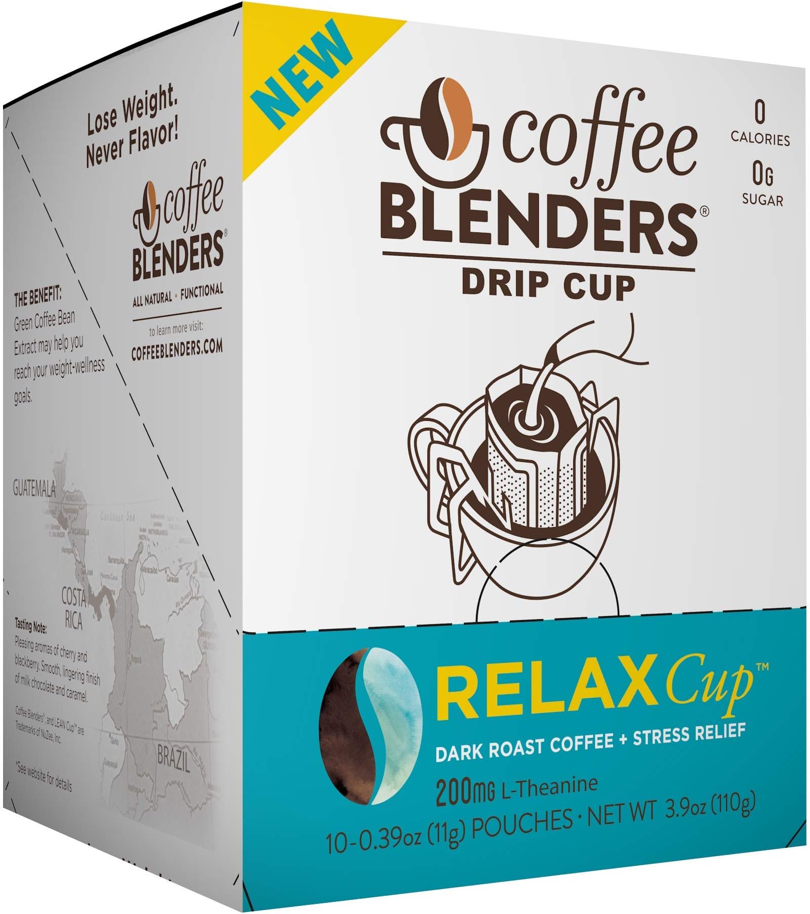 Coffee Blenders Functional Relax Drip Cups 100% Arabica Coffee Infused with L-theanine for Stress and Anxiety Reduction, Promotion of Healthy Sleep Patterns, and Mood Elevation 10 count per box