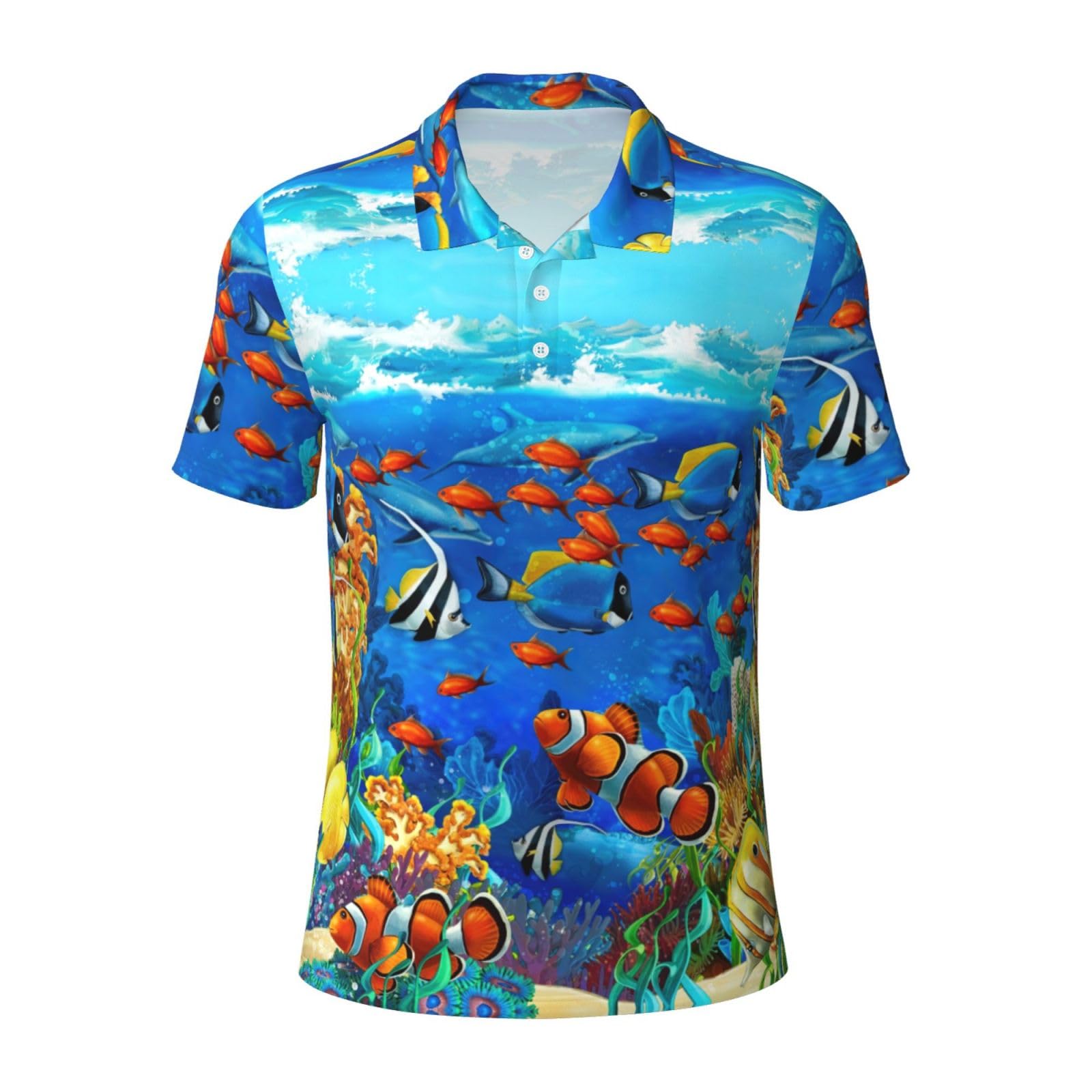 Jbjgkhlp Men's Black Ocean Tropical Fish Coral Undersea World Print Versatile Polo Shirts Sports Activities Short Sleeve Gifts Everyday Wear Soft