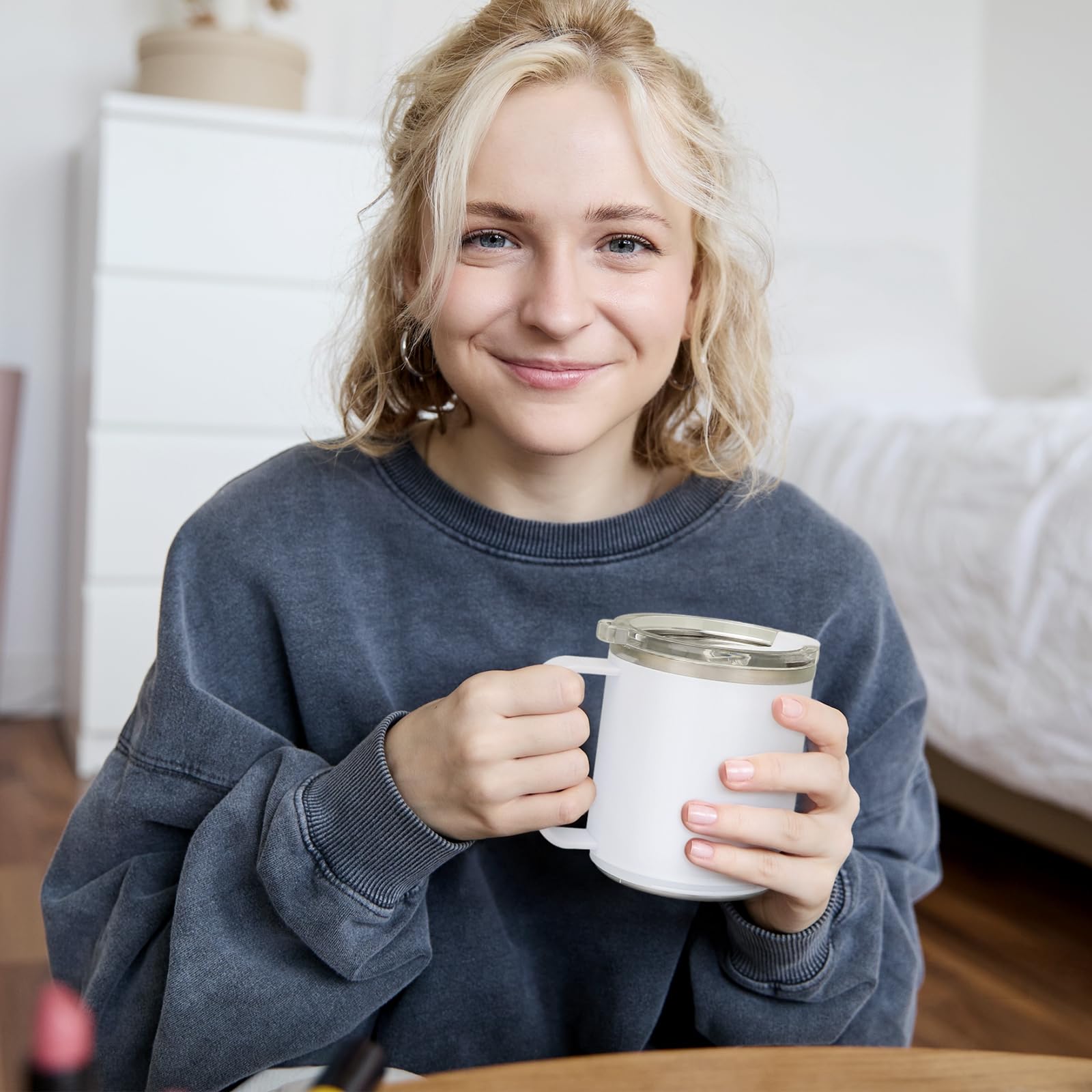 Taza de café de acero inoxidable de 15 onzas con fondo plano y asa, funciona con calentador de café para calentamiento rápido, café, té y leche, accesorios de escritorio de oficina, color 6