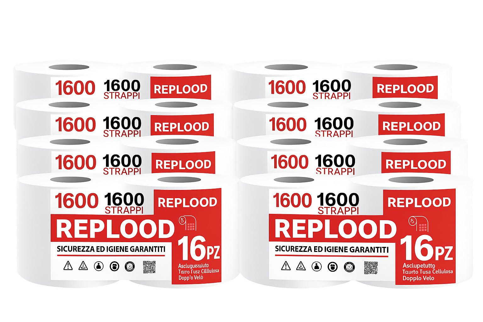 Replood Rotoloni Asciugatutto, Coppia di Rotoli, 2 Rotoli da 2 kg Totali, Pura Cellulosa, 2 Veli, Bianca Made in Italy Bobina da 800 strappi Cadauna (8 Coppie da 2)