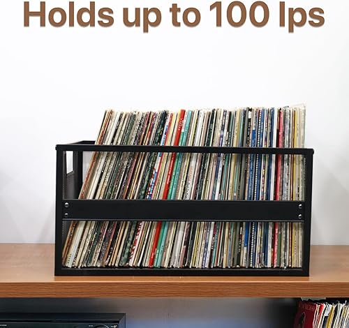 Miniatura 4 de Caja de almacenamiento de discos de vinilo de metal con ruedas, soporte para discos de vinilo para álbumes, estante de almacenamiento de discos de