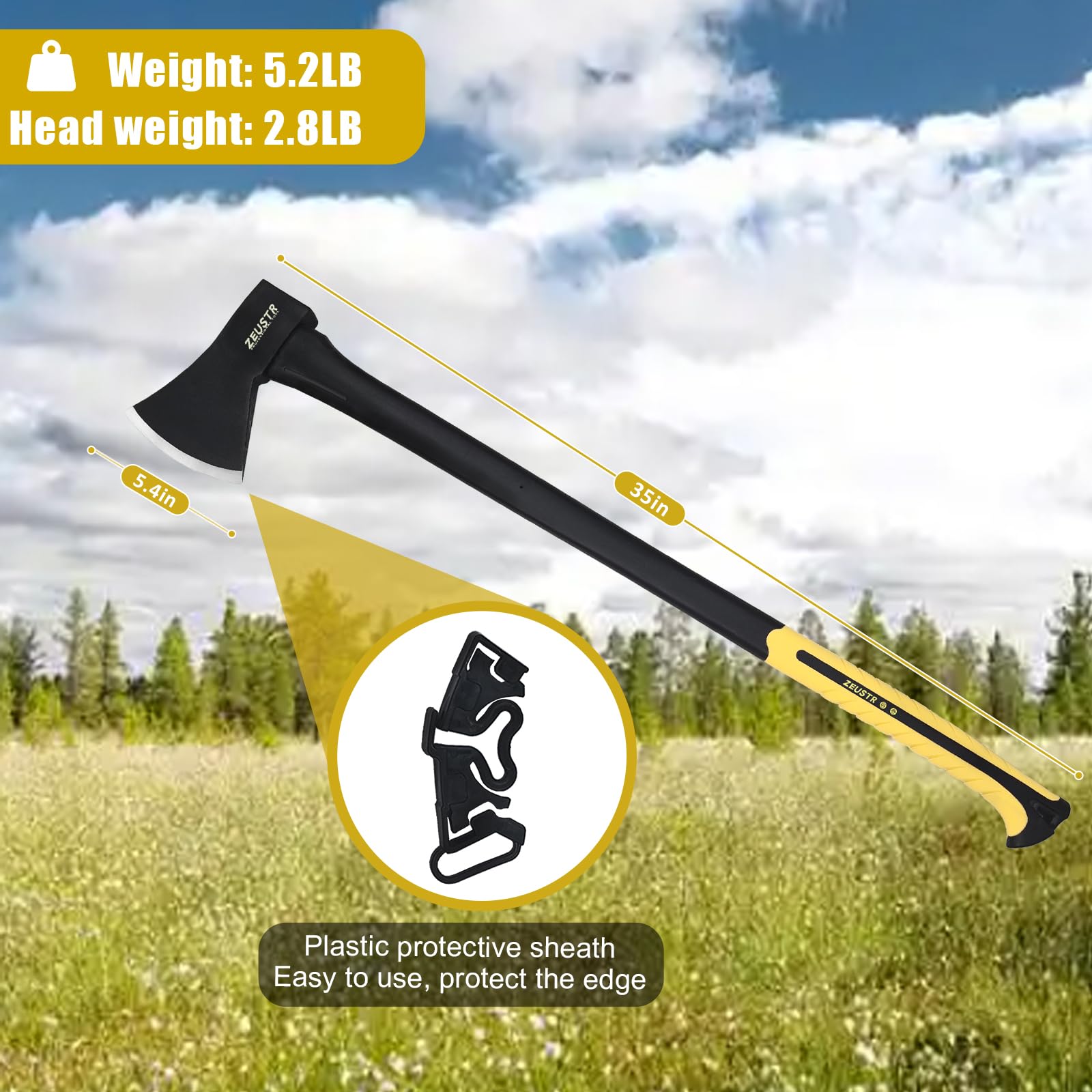 ZEUSTR 24” Long Camping Axe, Forged Steel Blade with Shock-Absorbing Handle, Outdoor Hatchet for Camping&Kitchen, Wood Chopping and Kindling