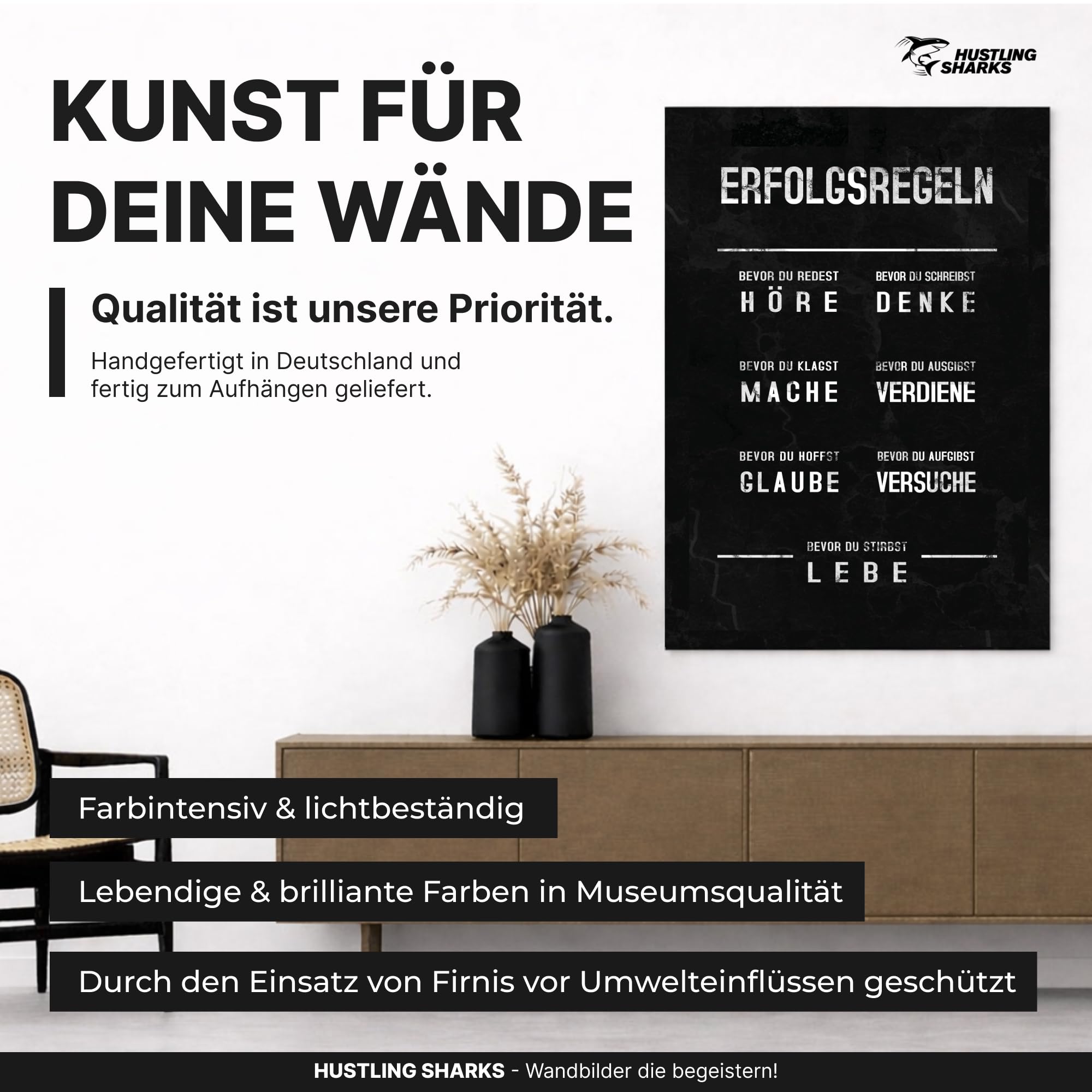 Hustling Sharks® Motivationsbild „Erfolgsregeln“ – Leinwand 40 × 60 cm | XXL Motivationsbild im Hochformat, Bilder Büro, Erfolg Bild, Bilder Spruch, Wanddeko Büro, Bilder Motivation