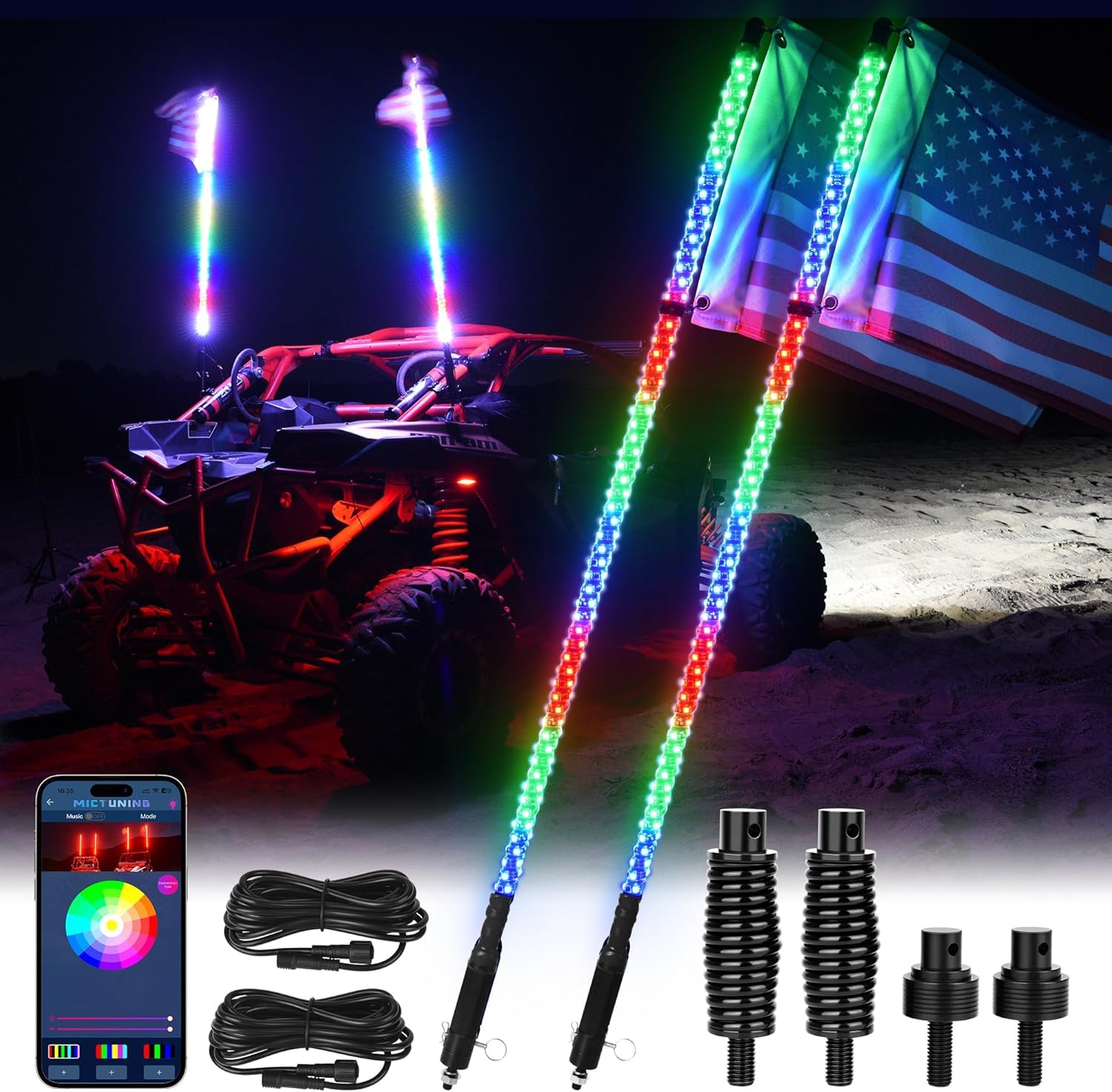 MICTUNING 2PCS 4FT W1 LED Whip Lights with Flag & Spring Base, RGB+IC Spiral Chasing Whips Light with APP, Music Sync, Turn Signal & Brake Function for UTV ATV RZR Trucks Dunes ( USED)