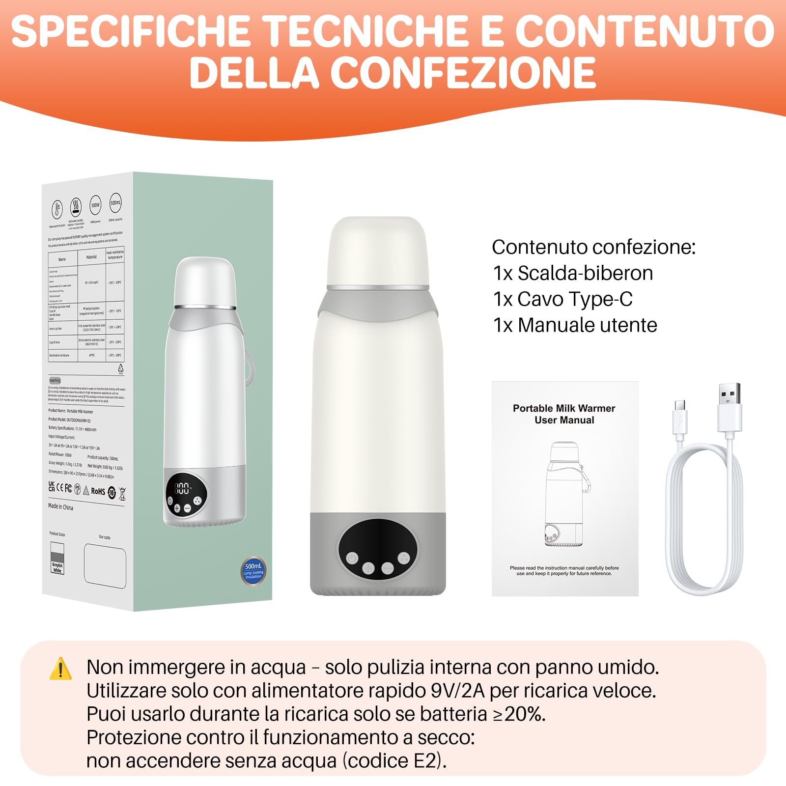 FUNYKICH Scaldabiberon Portatile 500 ml,Scaldabiberon da Viaggio Senza Fili