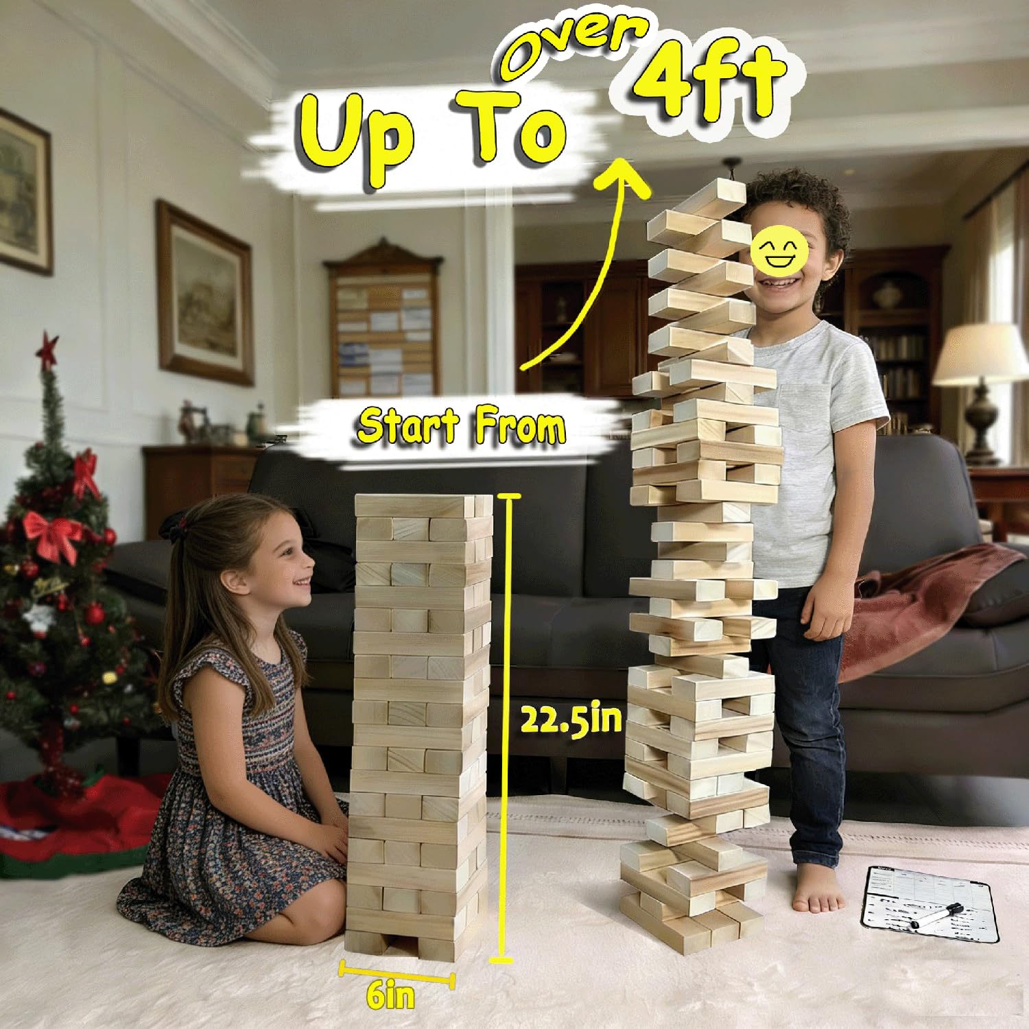 Jac & Mok Tumble Tower - Jeu de tour empilable - Jeux de plein air - Jeu de blocs en bois - Comprend un sac de transport (naturel, jumbo-56 pièces)