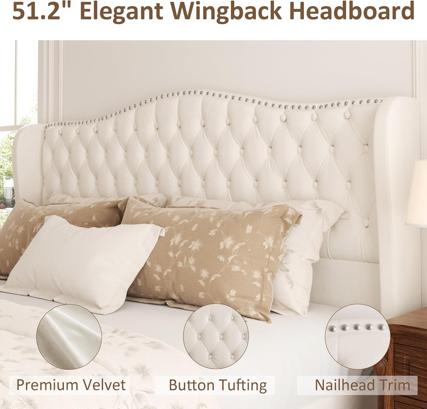 King Bed Frame with 51" Tall Headboard, Velvet Upholstered Platform Bed with Deep Button Tufted, Footboard & Nailhead Trim Wingback, No Box Spring Needed, Noise Free-Beige