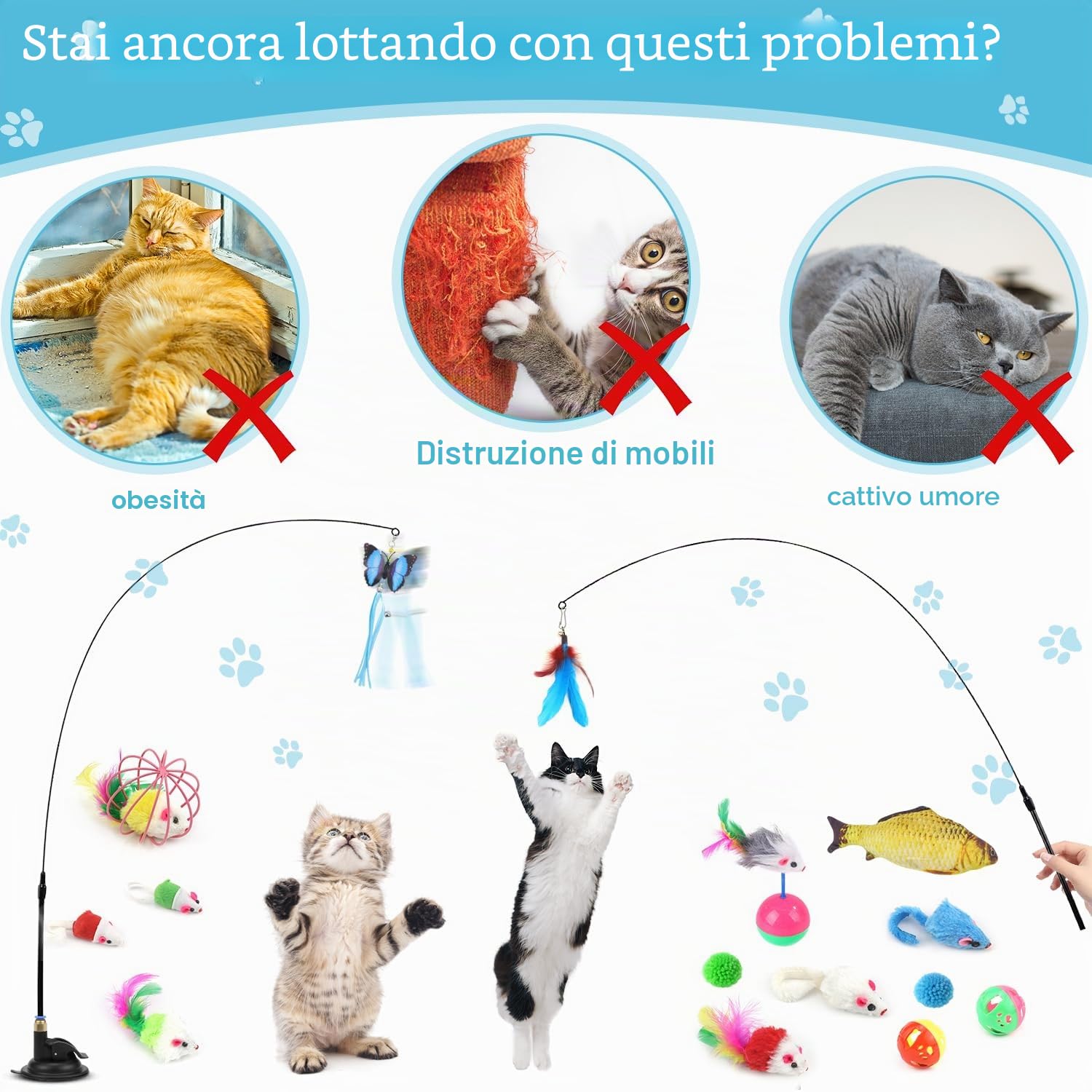 Set di 39 giocattoli interattivi per gatti e conigli, tunnel di gioco pieghevole a 3 vie, ventosa rotonda, accessori per attività