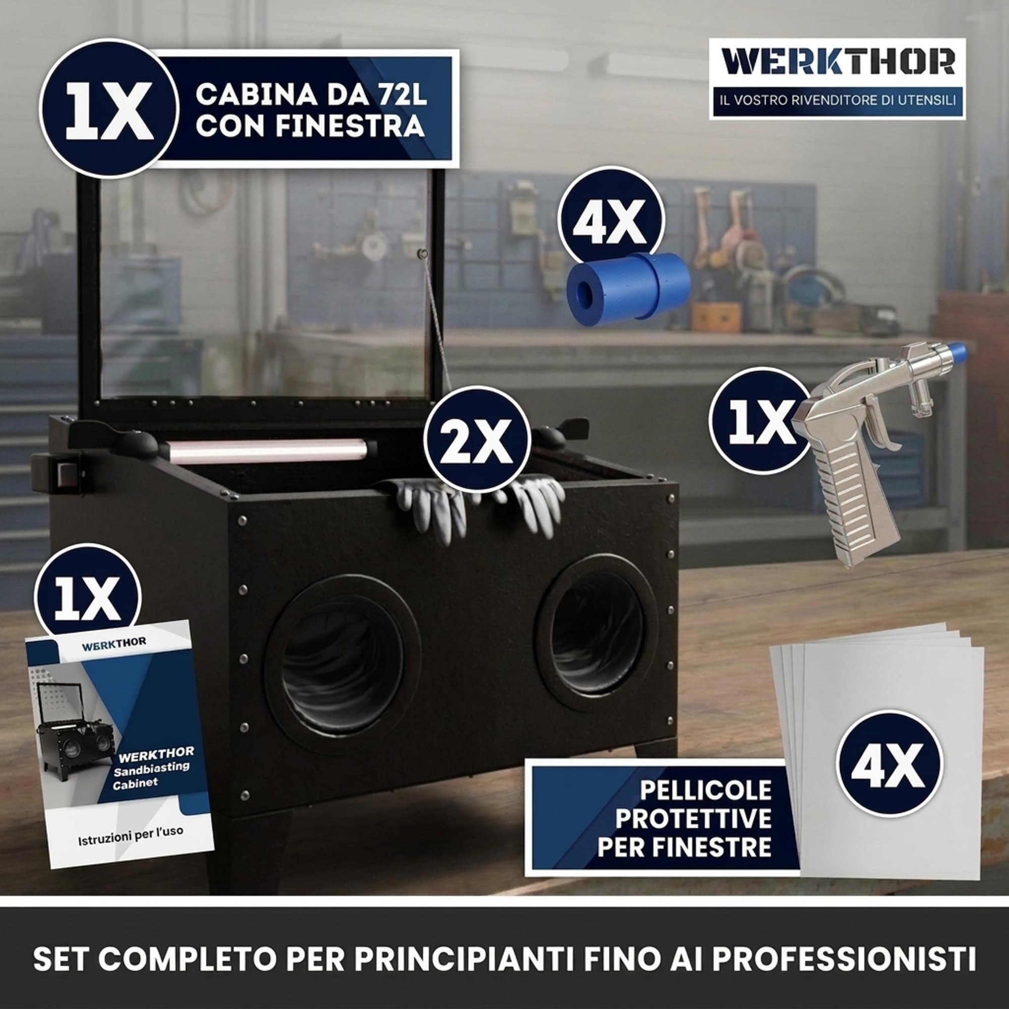 Werkthor Cabina sabbiatrice 94,8 litri – sabbiatrice per legno e metallo con pistola a getto e 4 ugelli in ceramica – sabbiatrice per trattamento – 25 galloni