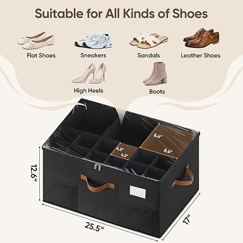 Miniatura 2 de Organizador de zapatos para armario, paquete de 2 contenedores de almacenamiento de zapatos con divisores ajustables, cajas organizadoras de