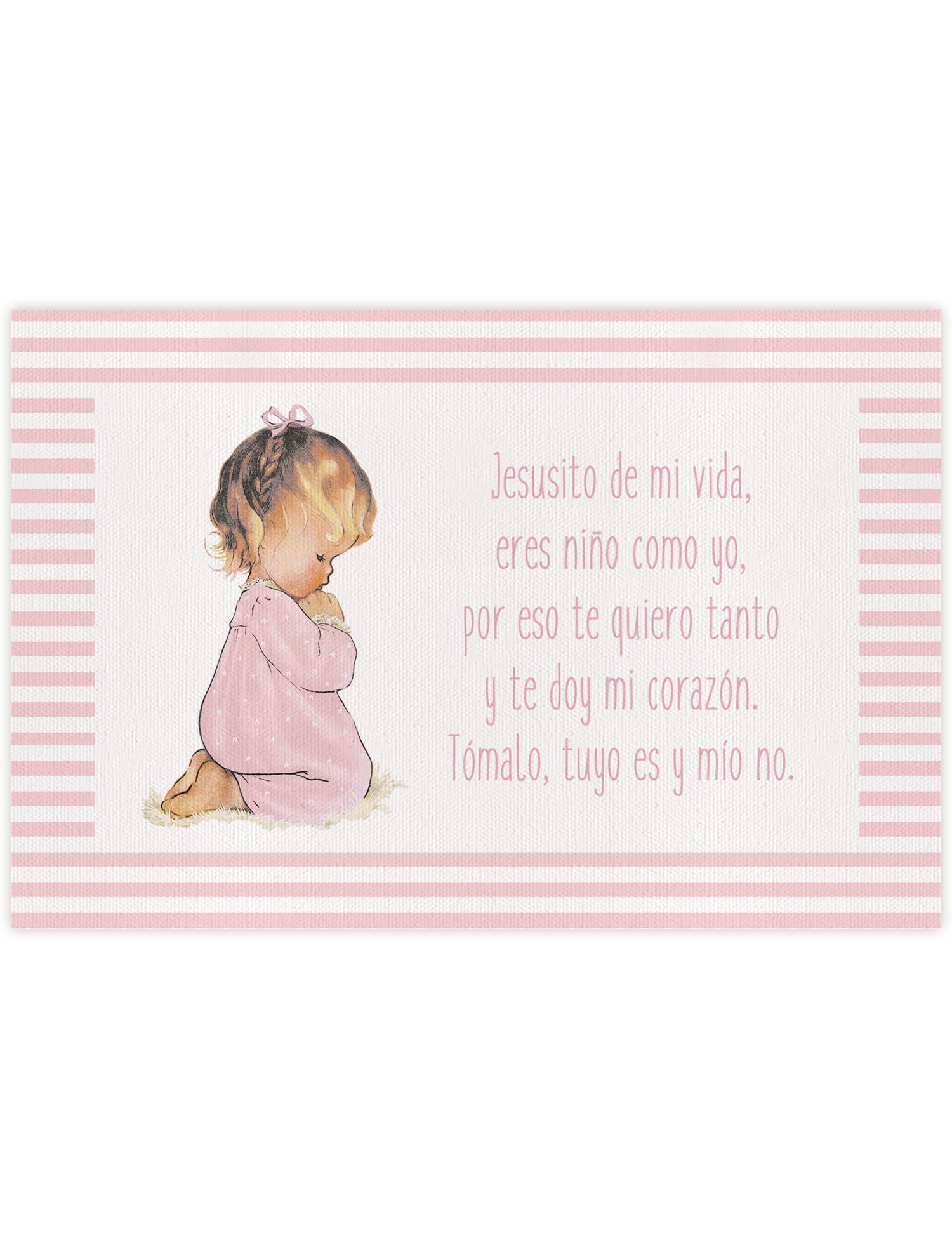 CUADRIMAN | Cuadro para Habitación Infantil Rosa Rayas | Bebé Niña rezando con oración Jesusito. Tamaño 30 x 20 cm | Impreso sobre lienzo