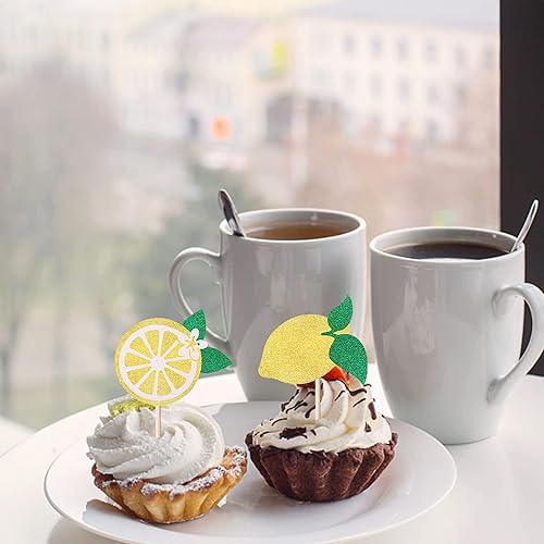 Miniatura 5 de Paquete de 24 adornos de limón para cupcakes temáticos de frutas con purpurina para cupcakes de verano, limona, piscina, playa, barbacoa, decoración