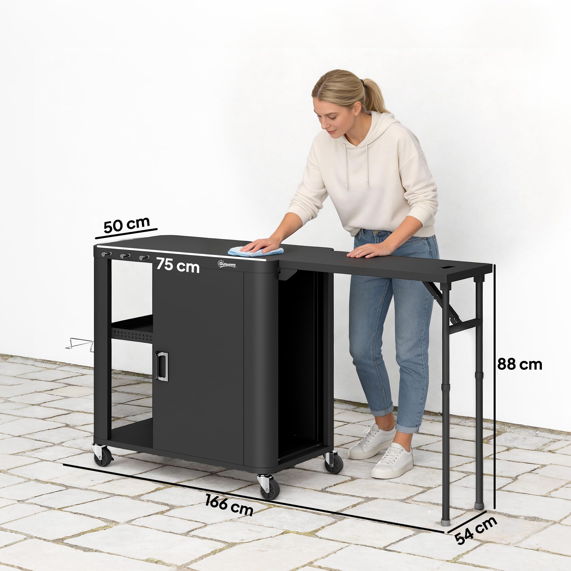 Outsunny Desserte jardin chariot de barbecue sur roulettes îlot de cuisine avec table latérale pliable placard étagères ouvertes porte-papier support sacs poubelle trois crochets 166 x 54 x 88 cm noir