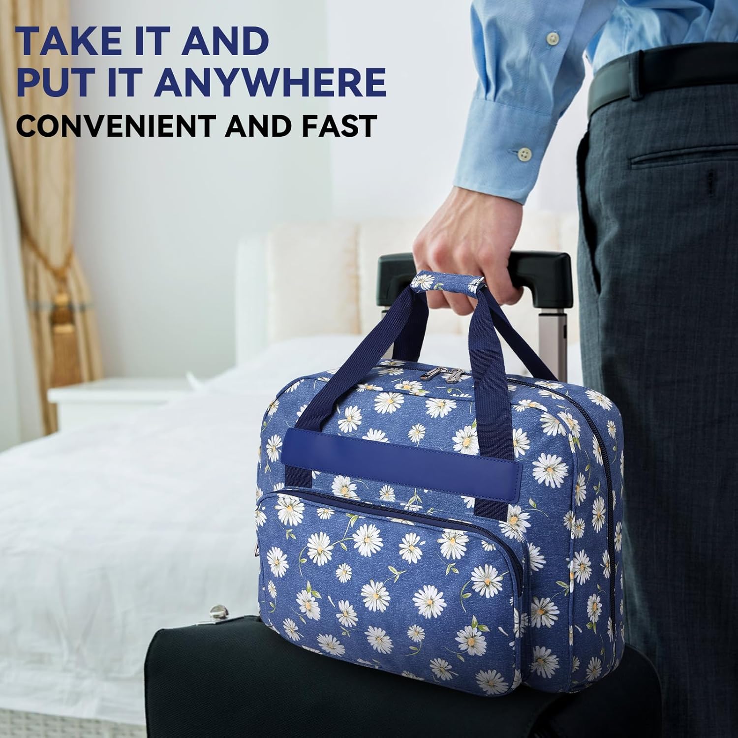 Sewing Machine Carrying Case, Universal Tote Storage Bag with Pocket & Handle, Portable Hanging Tote for Small Sewing Machines, Blue Daisy, 43x32x21 cm, Formal with dragonfly design