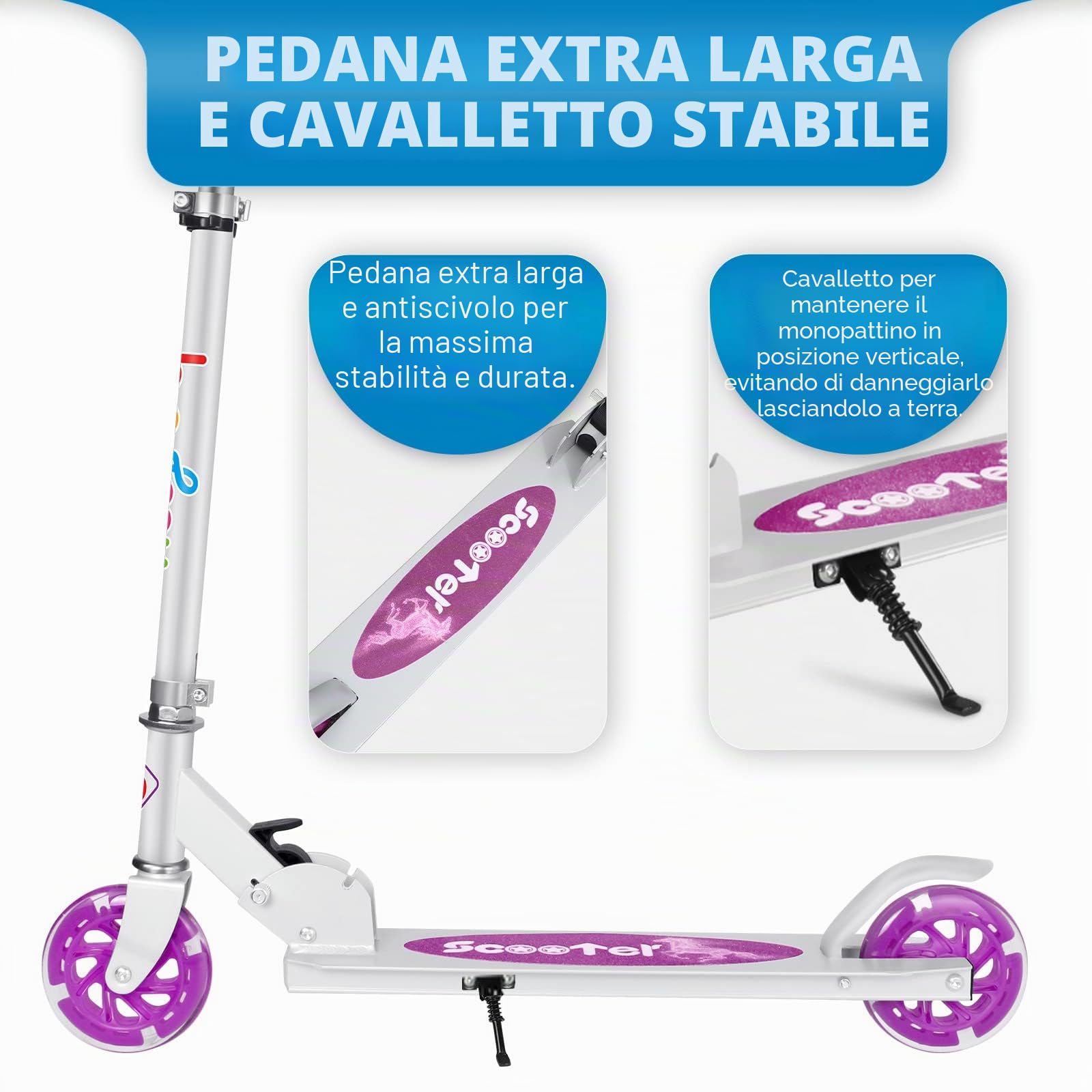 BELEEV V1 Monopattino per Bambino 2 Ruote con Supporto, 3 Monopattini per Bambini Regolabili in Altezza, Monopattino Scooter per Bambina con Il LED Illumina le Ruote per Ragazze e Ragazzo