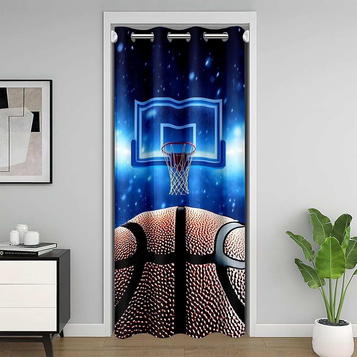 Basketball Door Curtain for Doorway Privacy 34"x80" 1 Panel Sports Theme Room Divider Curtain Cover Basketball Court Print Insulated Thermal Curtain Bedroom Blue Print Gaming Sports Window Treatments