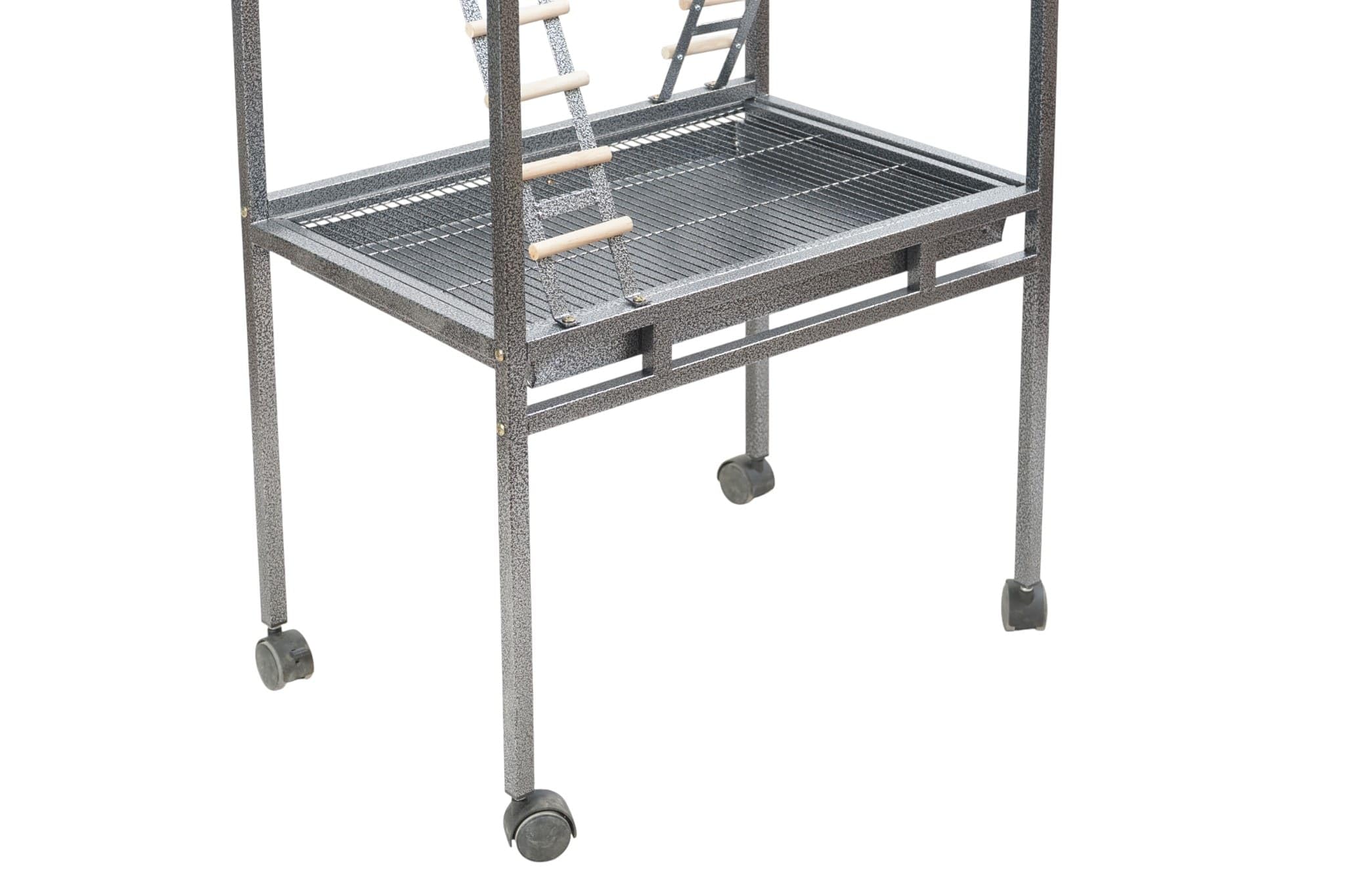 Pet's Solution - Trespolo per Pappagalli Grande e Stabile, Area Gioco con Scale, Posatoi, Mangiatoie in Acciaio, Griglia e Vassoio Estraibile, 4 Ruote, Color Nero Martellato – 64,5x44,5x154h cm