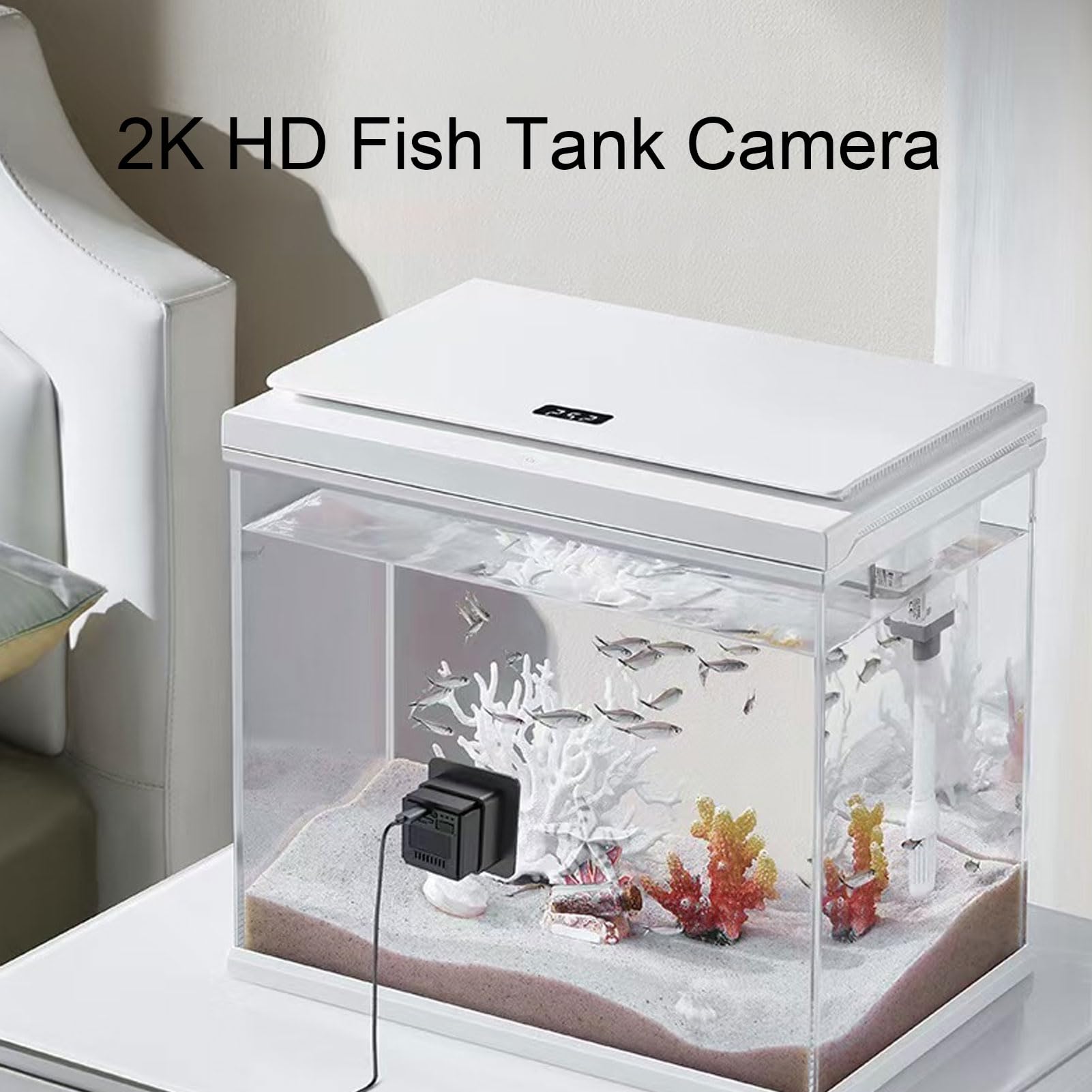 Sxhlseller Cámara para Pecera Monitor WiFi 2K HD, Lente Antideslumbrante Gran Angular de 140°, Detección de Movimiento AI, Conversación Bidireccional, Visión Nocturna para Terrario de
