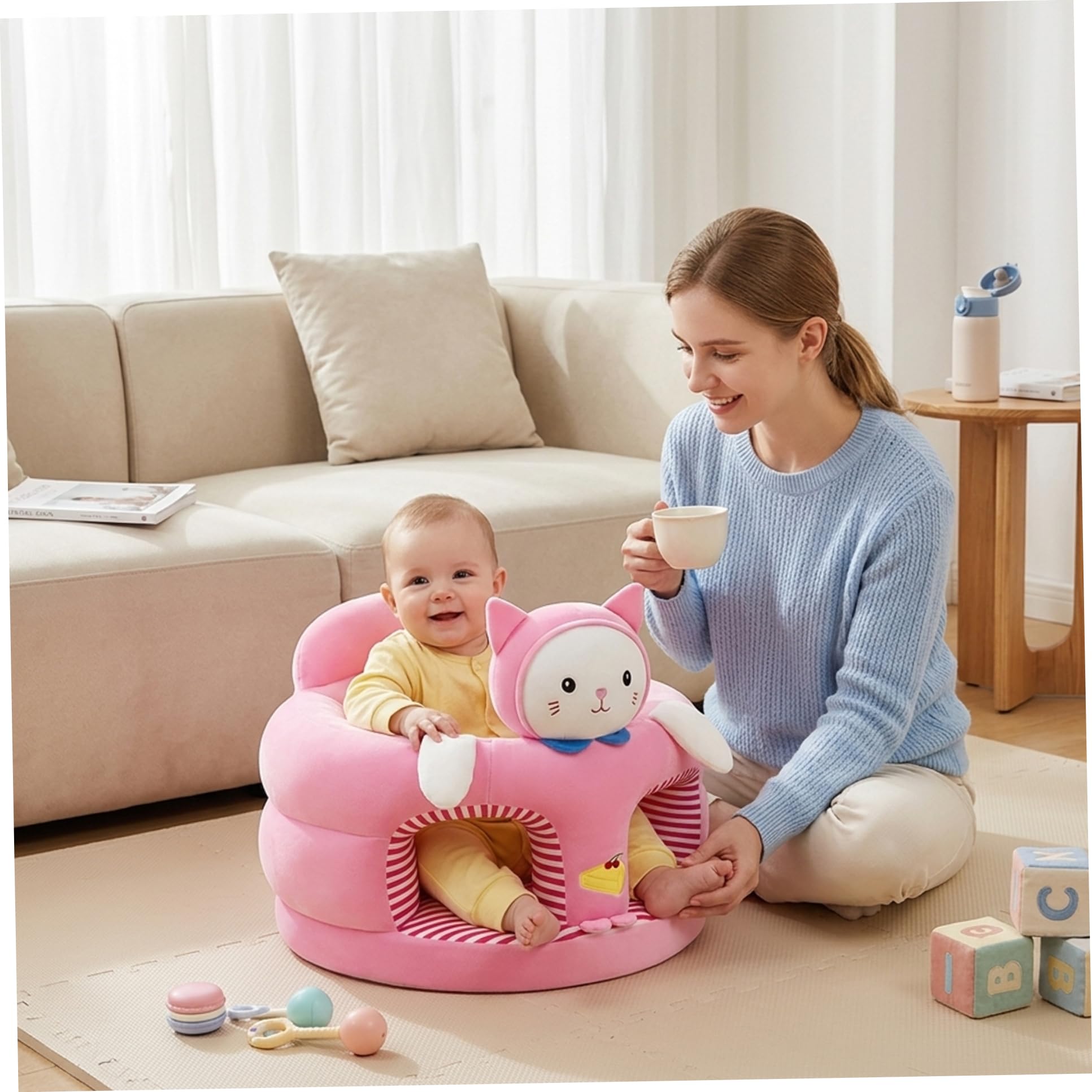 Sedia da Sit Up per Bambino Seggiolino da Pavimento con Supporto Sicuro per la Schiena Sedia da Sit Up per Neonato in Morbido Peluche, Gatto Simpatico, 40x40x35 cm