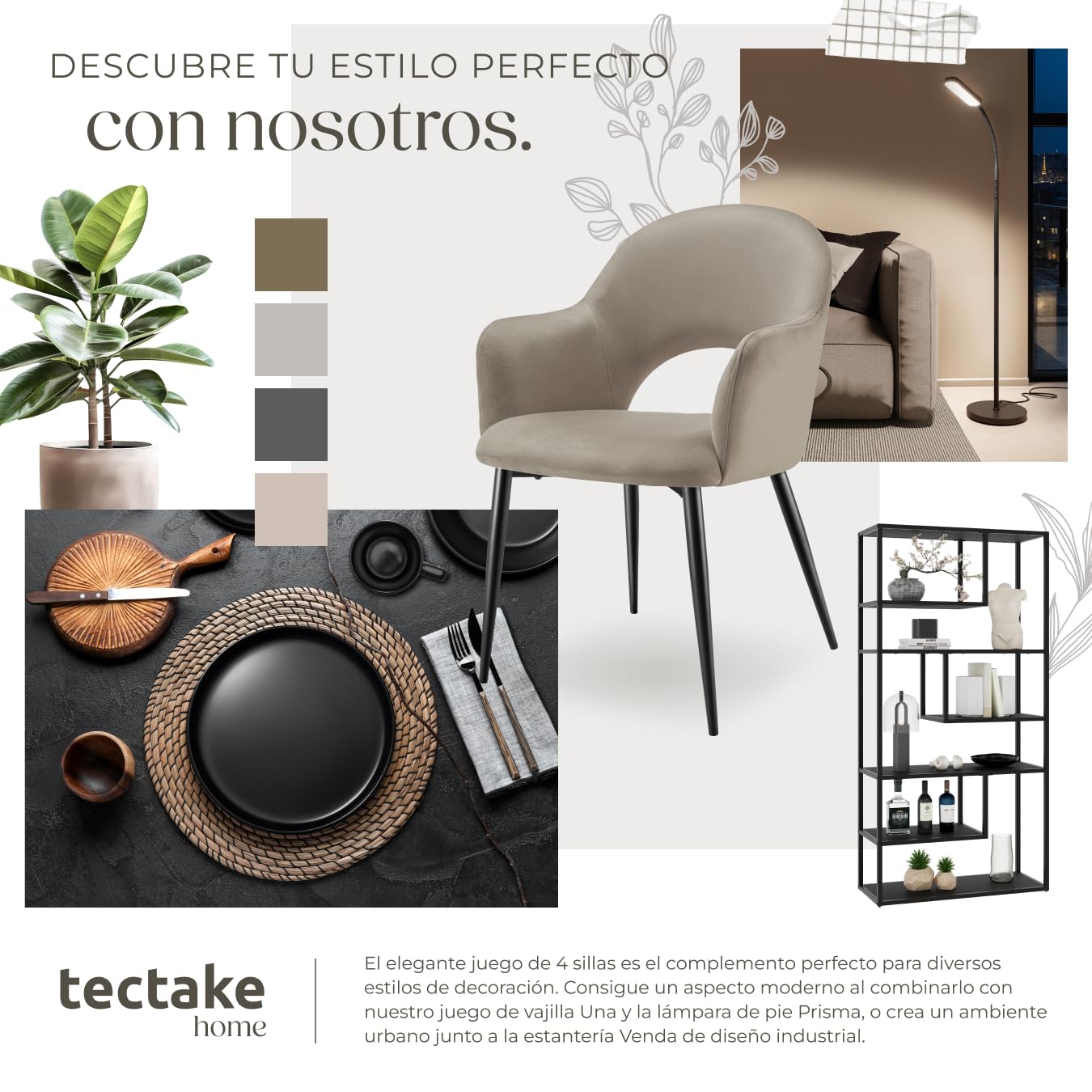 tectake® sillas de Comedor Elegantes, Terciopelo, Silla Comedor nordica, Silla de Cocina Acolchada con reposabrazos, sillas Comedor Modernas con Patas de Acero Antideslizantes - 4 Sillas Gris Topo