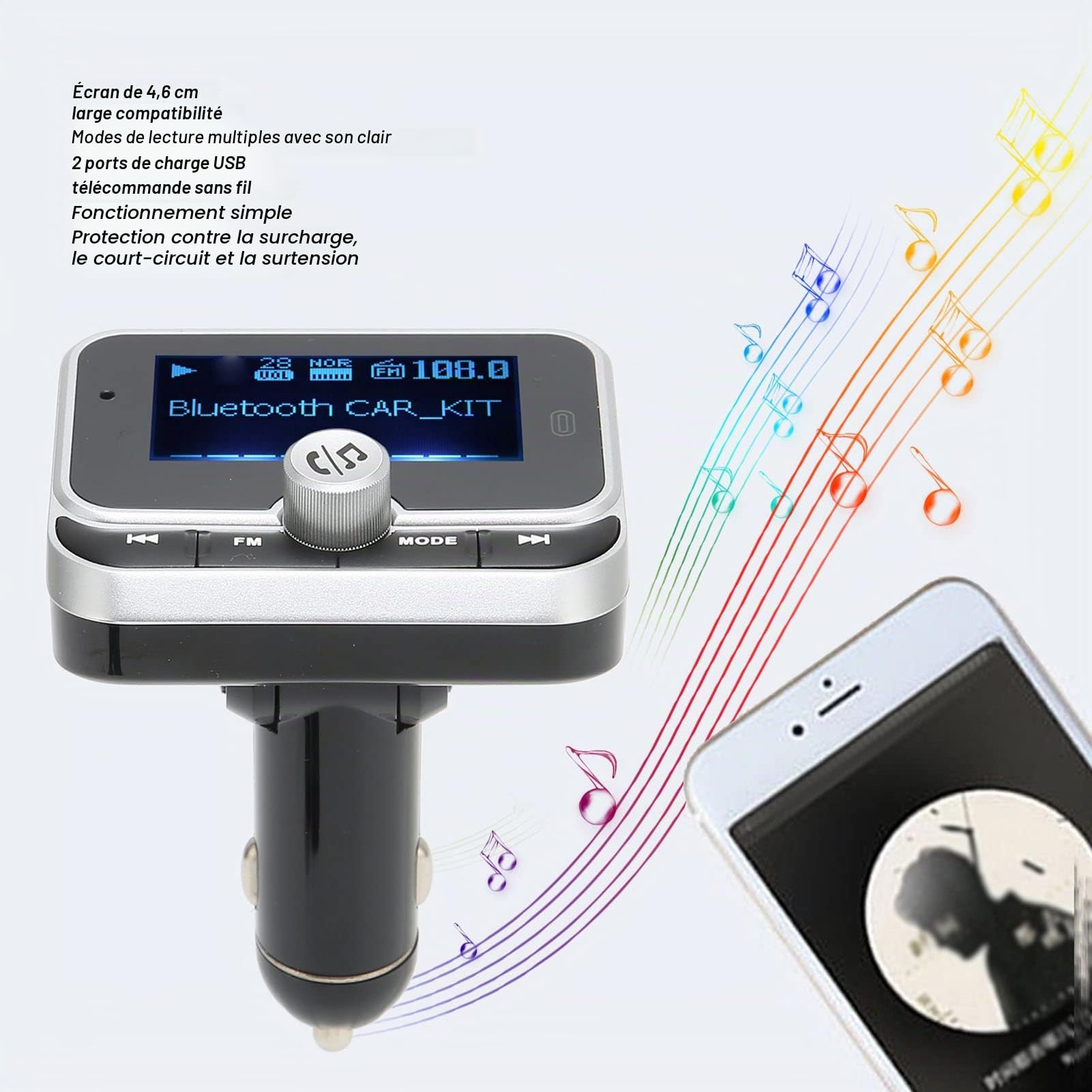Bewinner Transmetteur FM Bluetooth pour Voiture, Adaptateur Radio FM Bluetooth sans Fil avec écran 1,8 Pouces, Chargeur de Voiture 2 Ports USB, Kit de Lecteur de Musique pour Voiture