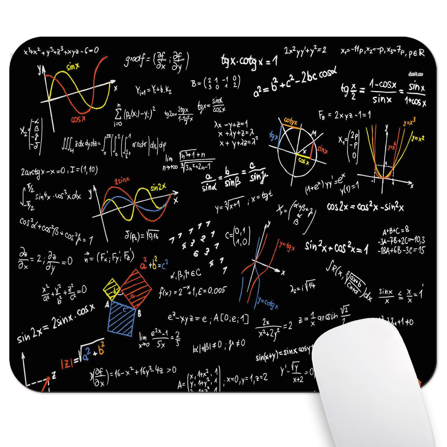 Colorful Math Formulas Slide Mouse Pad, Science Art Black Desk Mat | Mathematics Equation, Trigonometry, Calculus, Gift for Science Teacher, 9.5"x 7.9", Cute Smooth & Anti-Slip Mousepad White Black